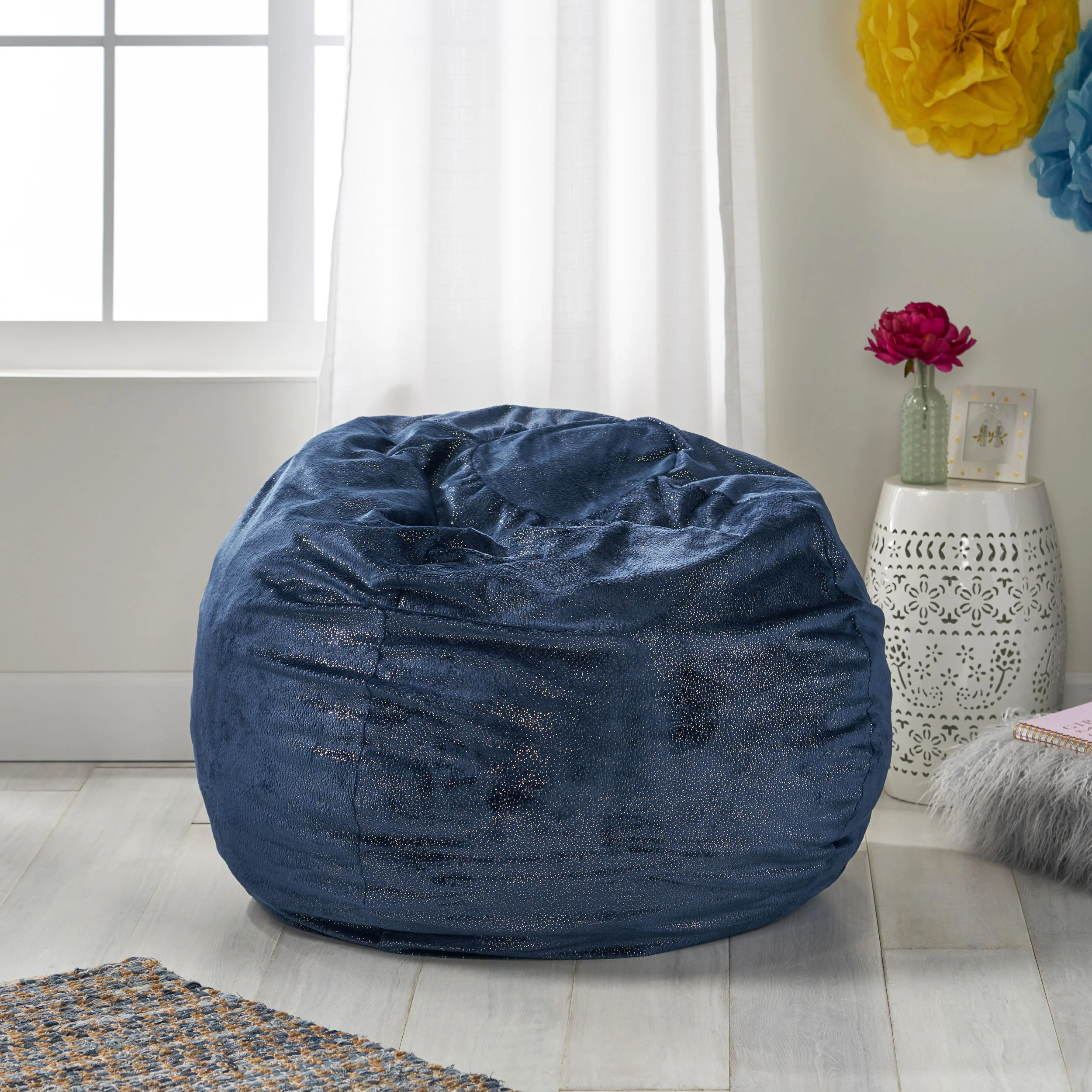 Eladio Modern Glam 3 Foot Velvet Bean Bag with Sparkles - furnishings