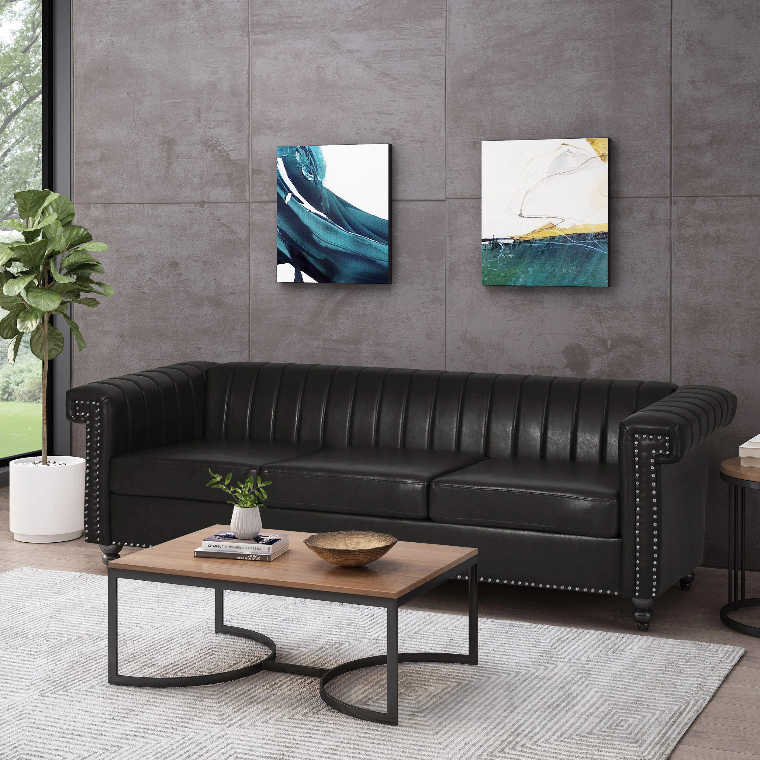 Donley Contemporary Channel Stitch 3 Seater Sofa with Nailhead Trim - furnishings