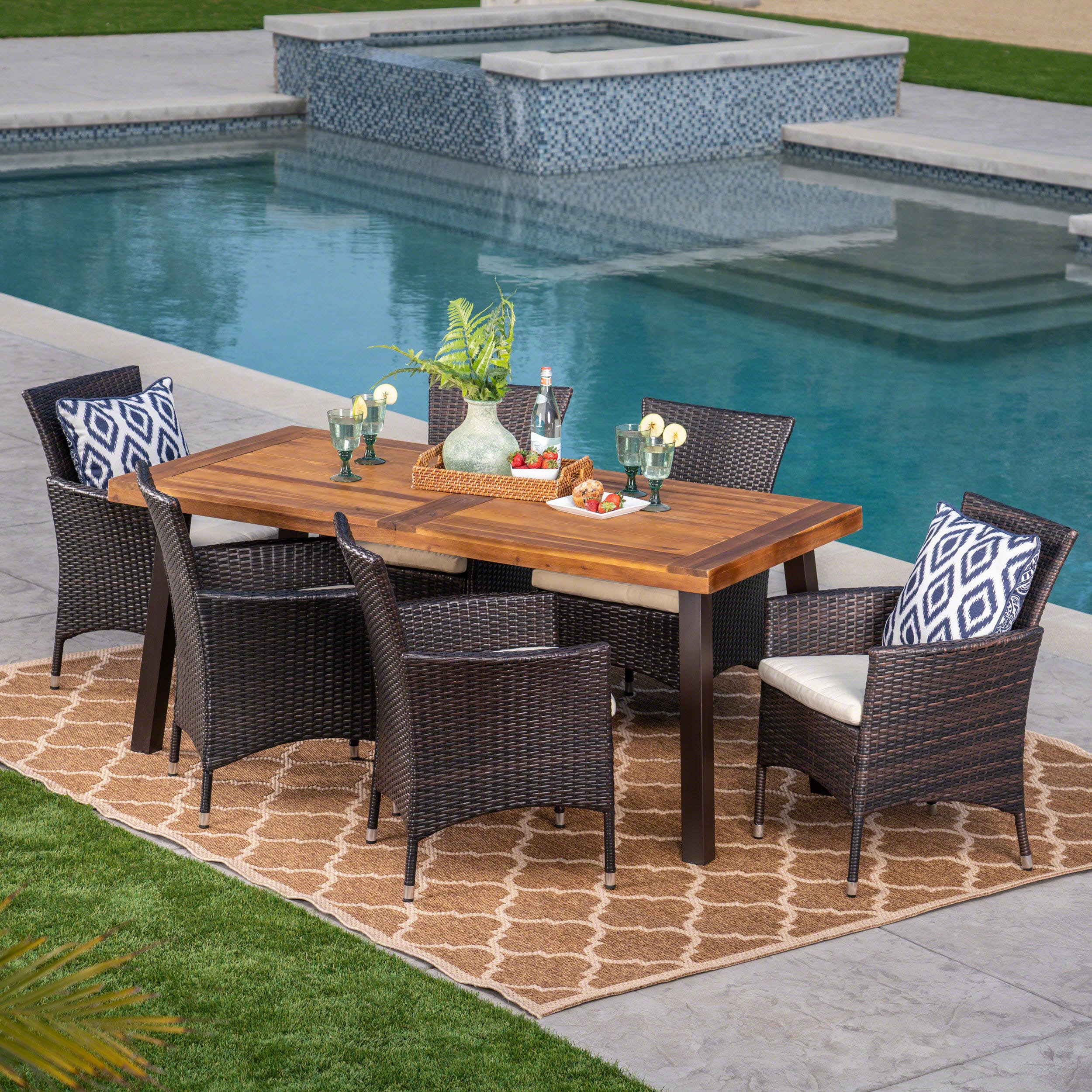 Randy Outdoor 7 Piece Acacia Wood/ Wicker Dining Set with Cushions, Teak Finish and Multibrown with Beige - furnishings