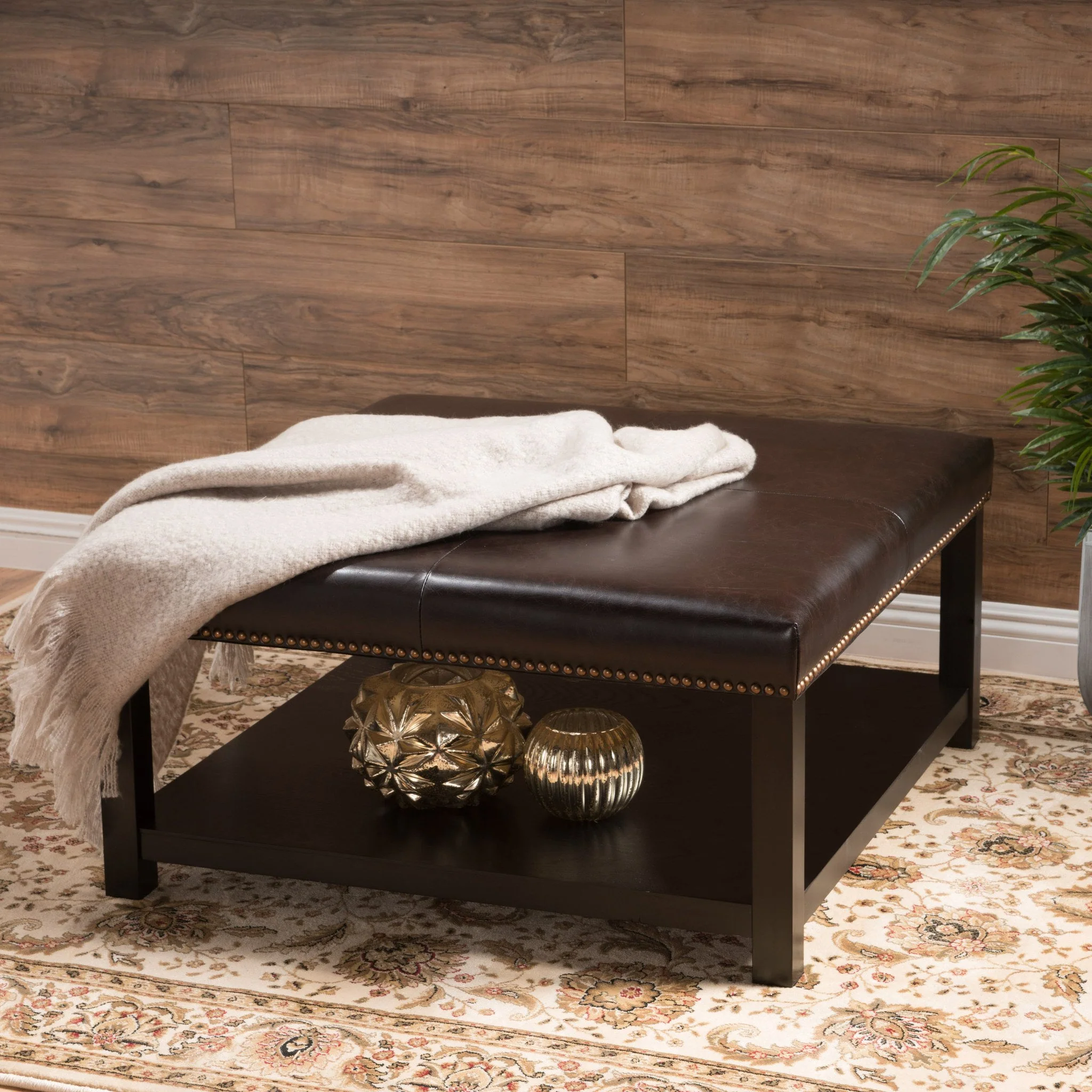 Kelapith Contemporary Upholstered Birch Wood Ottoman with Shelf - furnishings