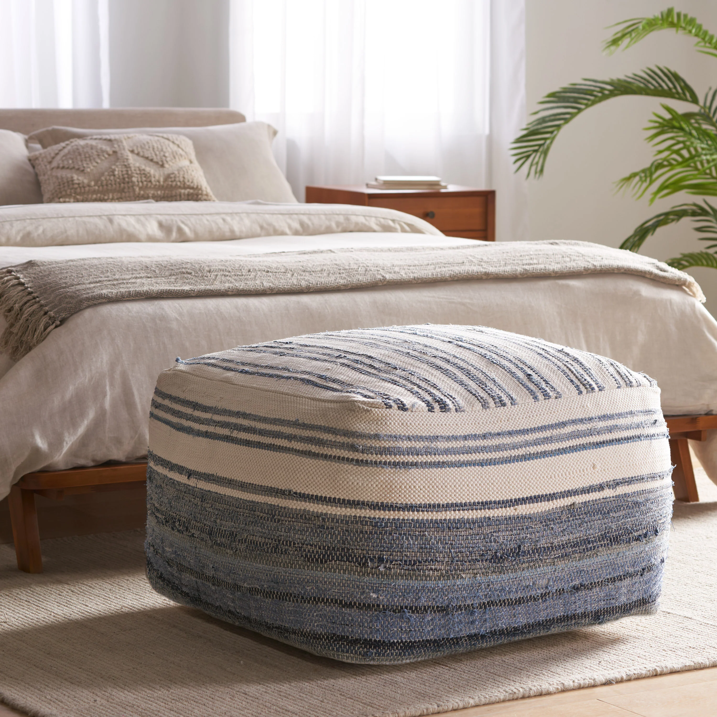 Althea Large Square Casual Pouf, Boho, Blue and White Recycled Denim and Chindi - furnishings