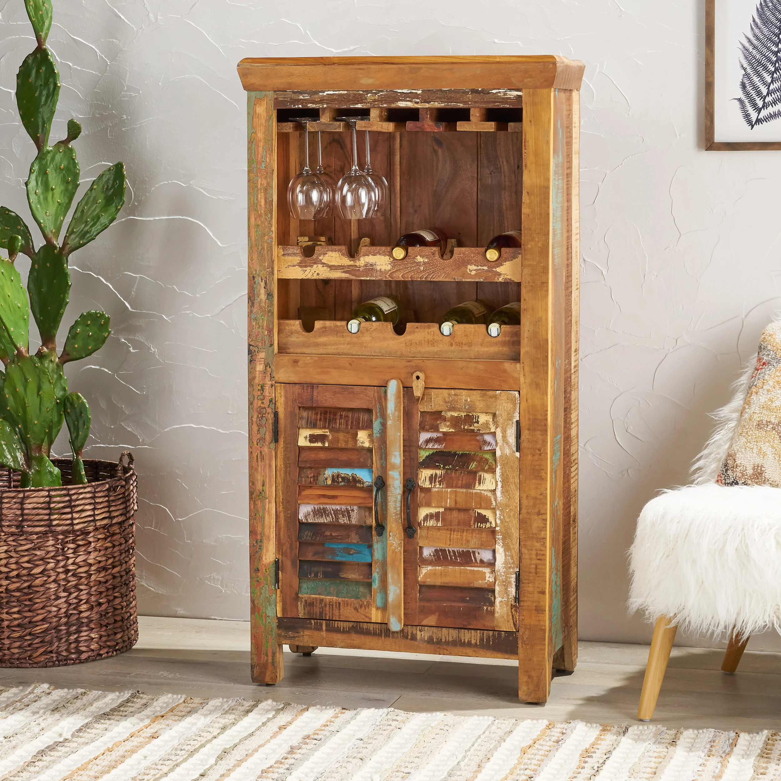 Sandy Shabby Reclaimed Wood Wine Rack Bar Cabinet - furnishings