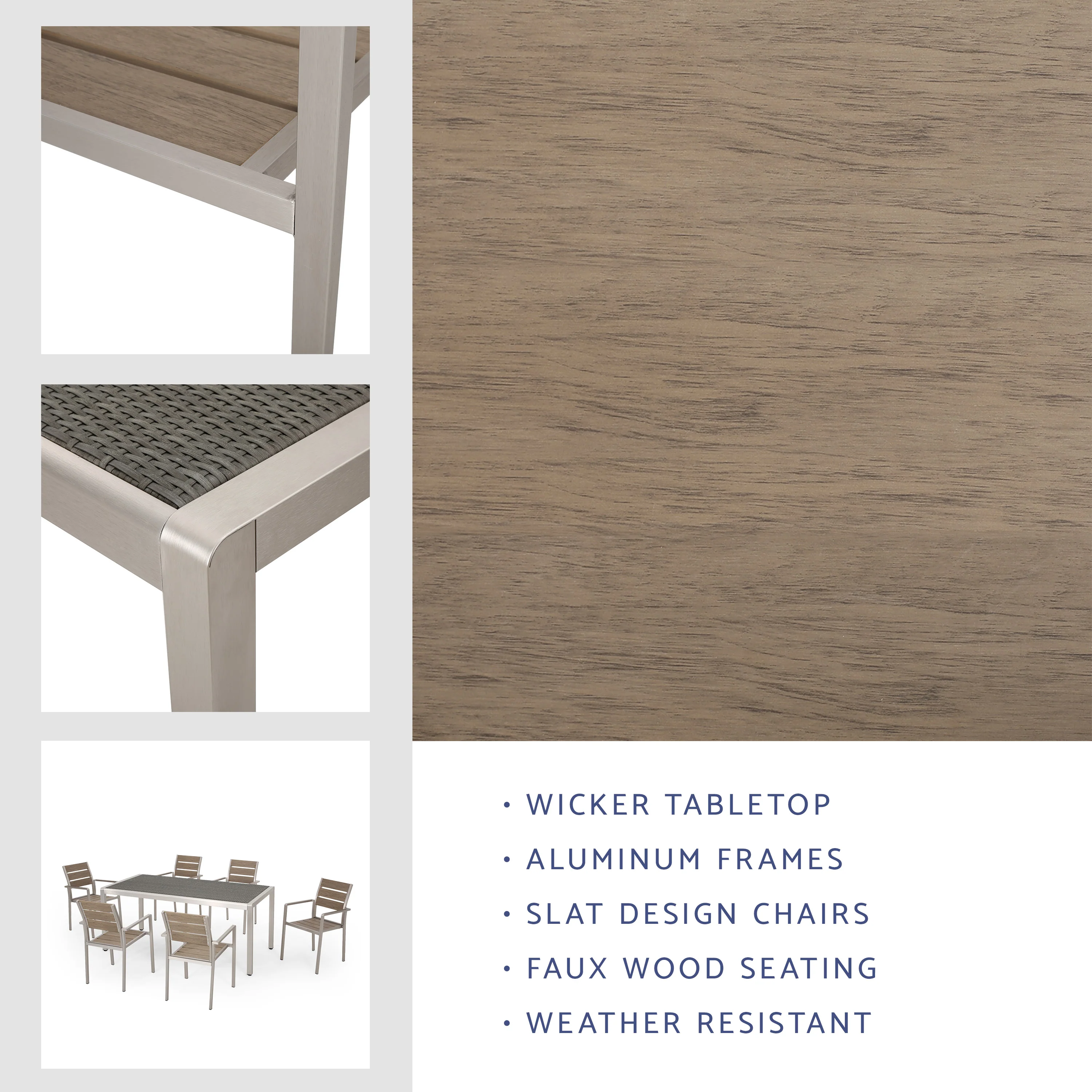 Cherie Outdoor Modern Aluminum 6 Seater Dining Set with Faux Wood Seats - furnishings