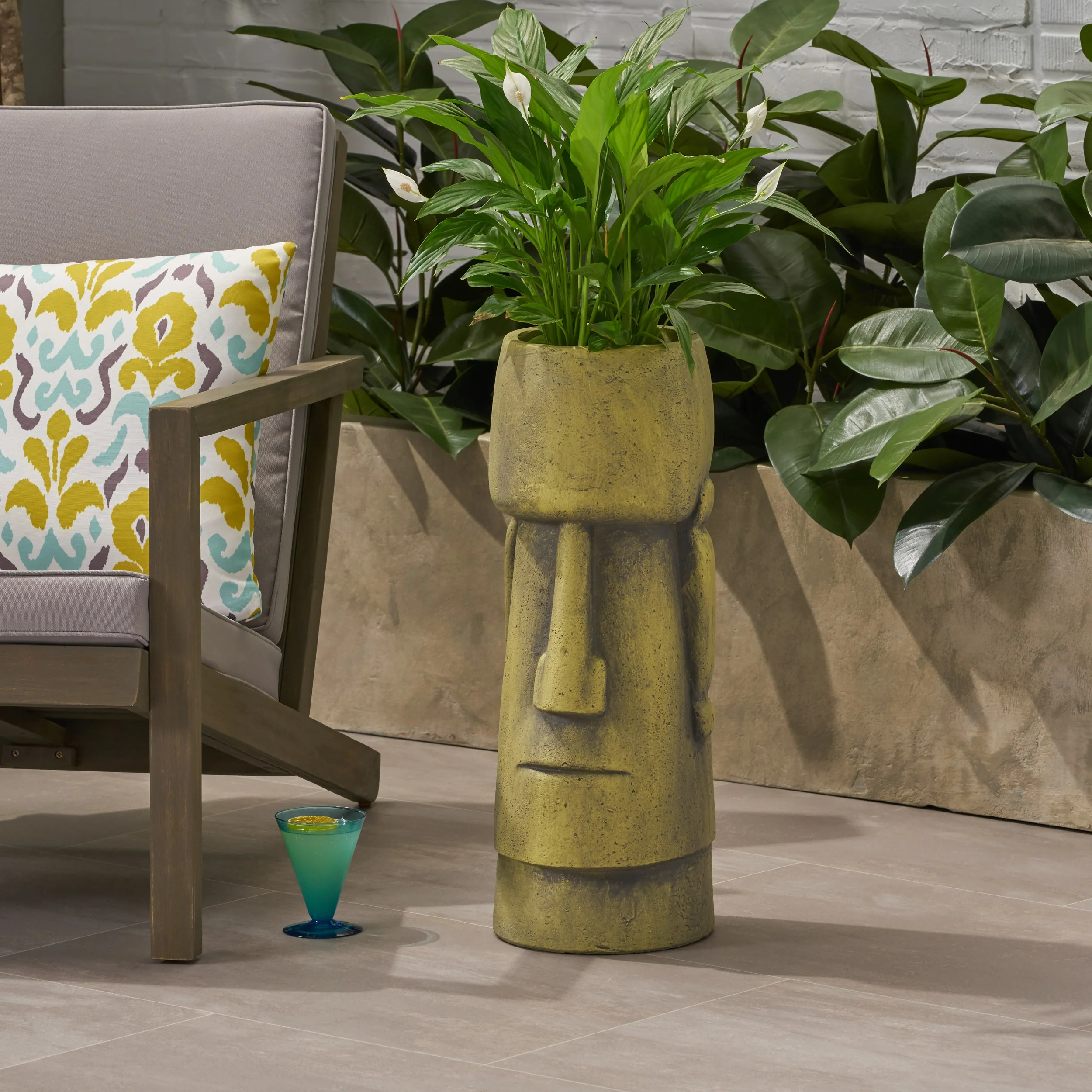 Major Outdoor Easter Island Tiki Urn, Antique Green Finish - furnishings