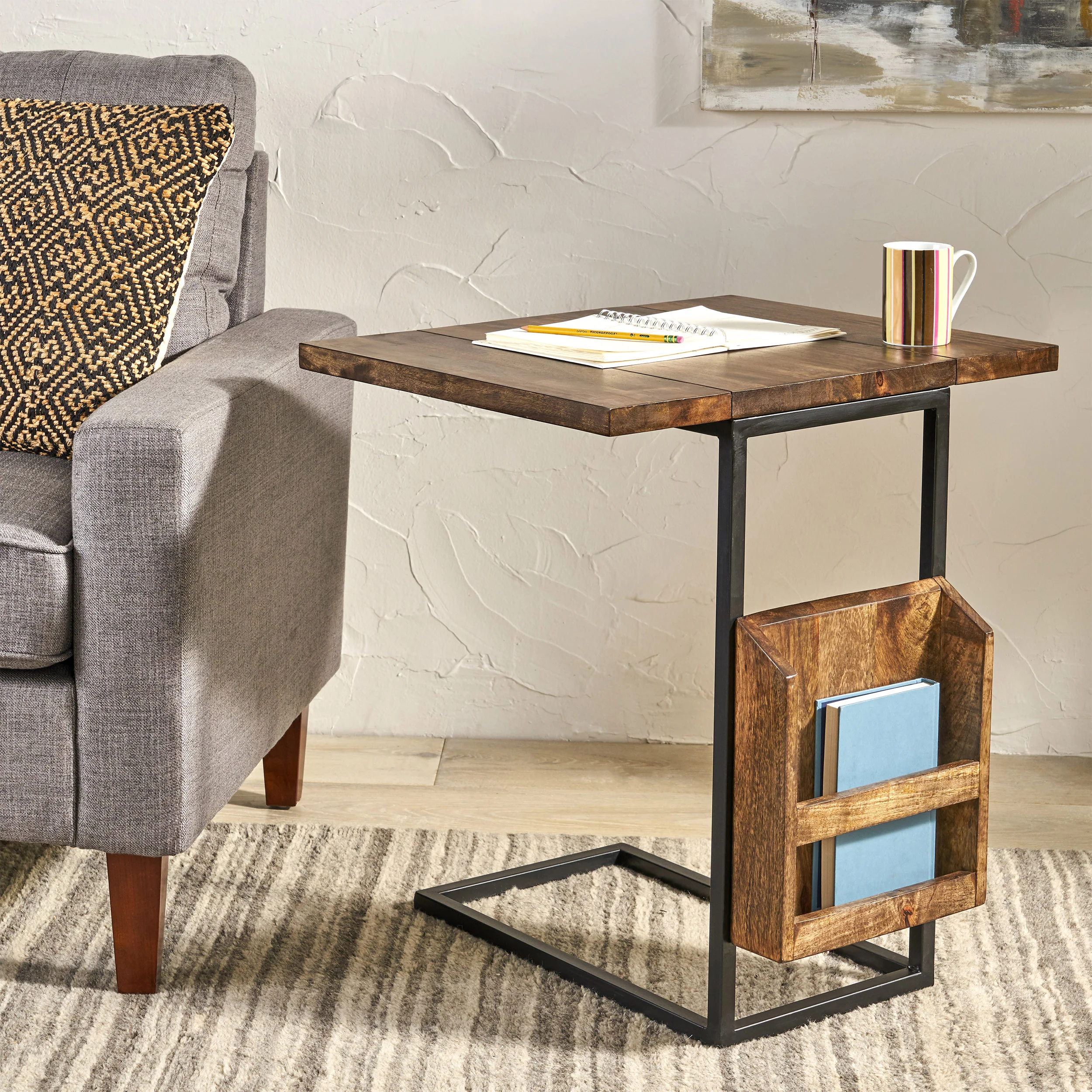 Ayzen Modern Industrial Mango Wood Adjustable C-Shaped End Table with Magazine Rack - furnishings