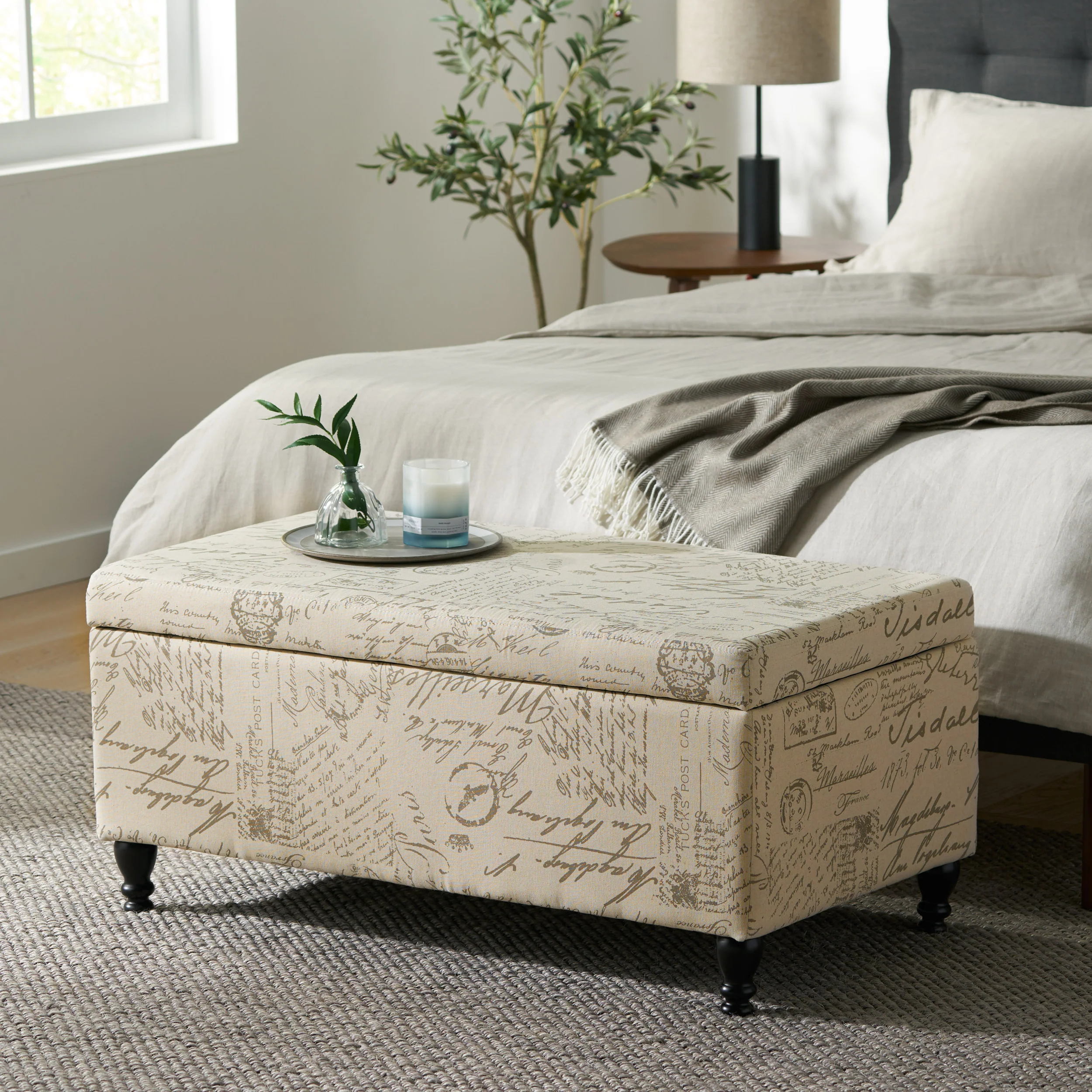 Kingsbury Fabric Storage Ottoman Bench with French Script - furnishings