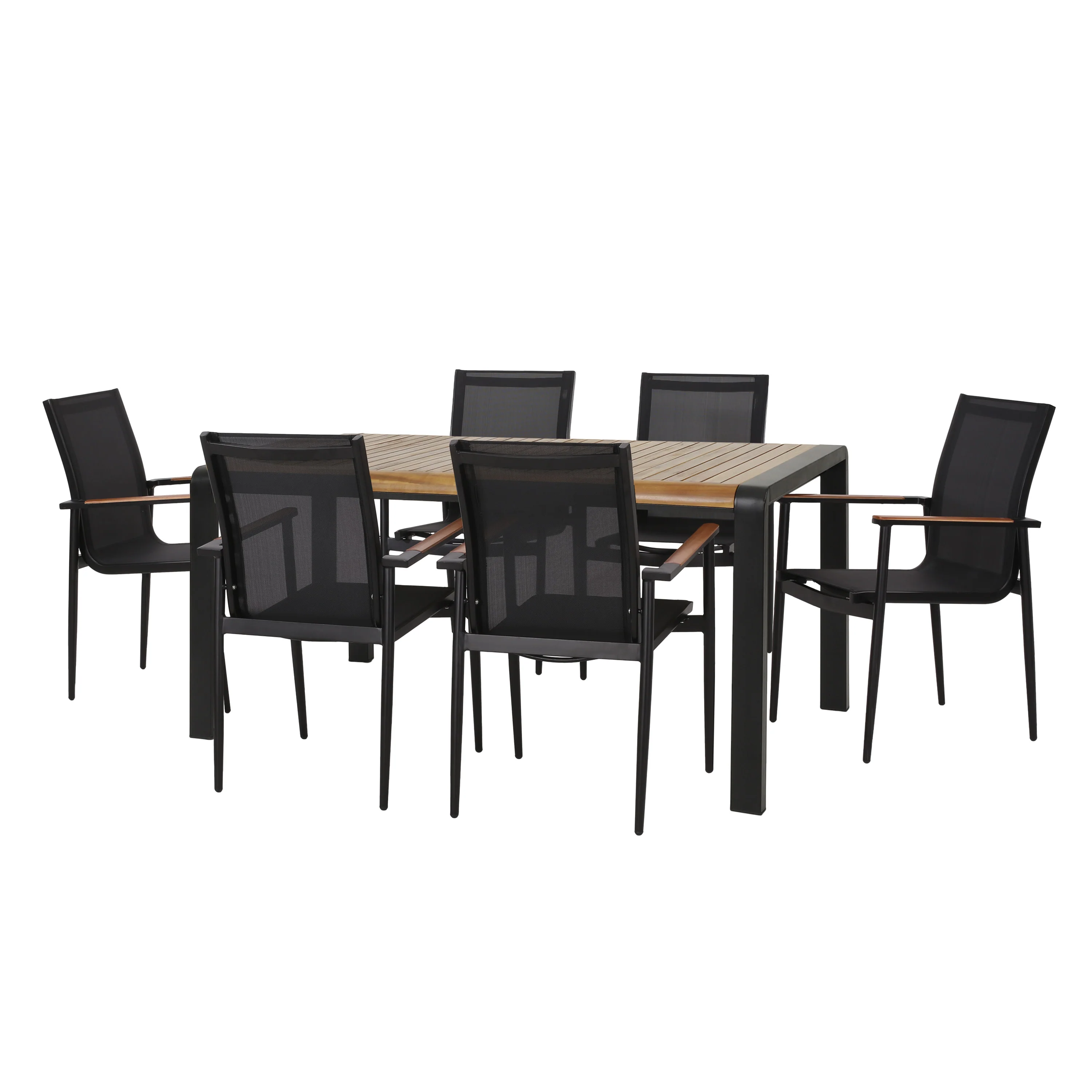 Naop Outdoor Mesh and Acacia Wood 7 Piece Dining Set, Black and Teak - furnishings