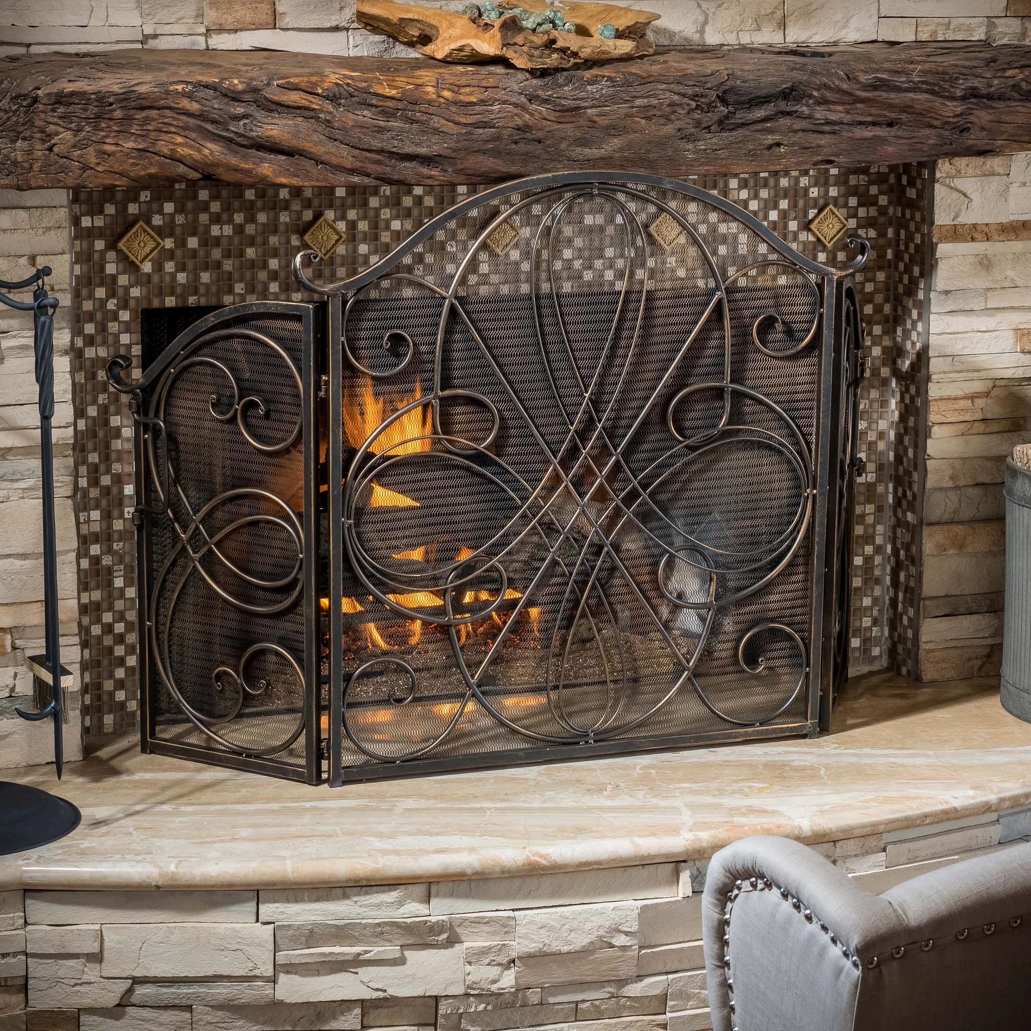 Rosalinda Black Gold Finish Floral Iron Fireplace Screen - furnishings