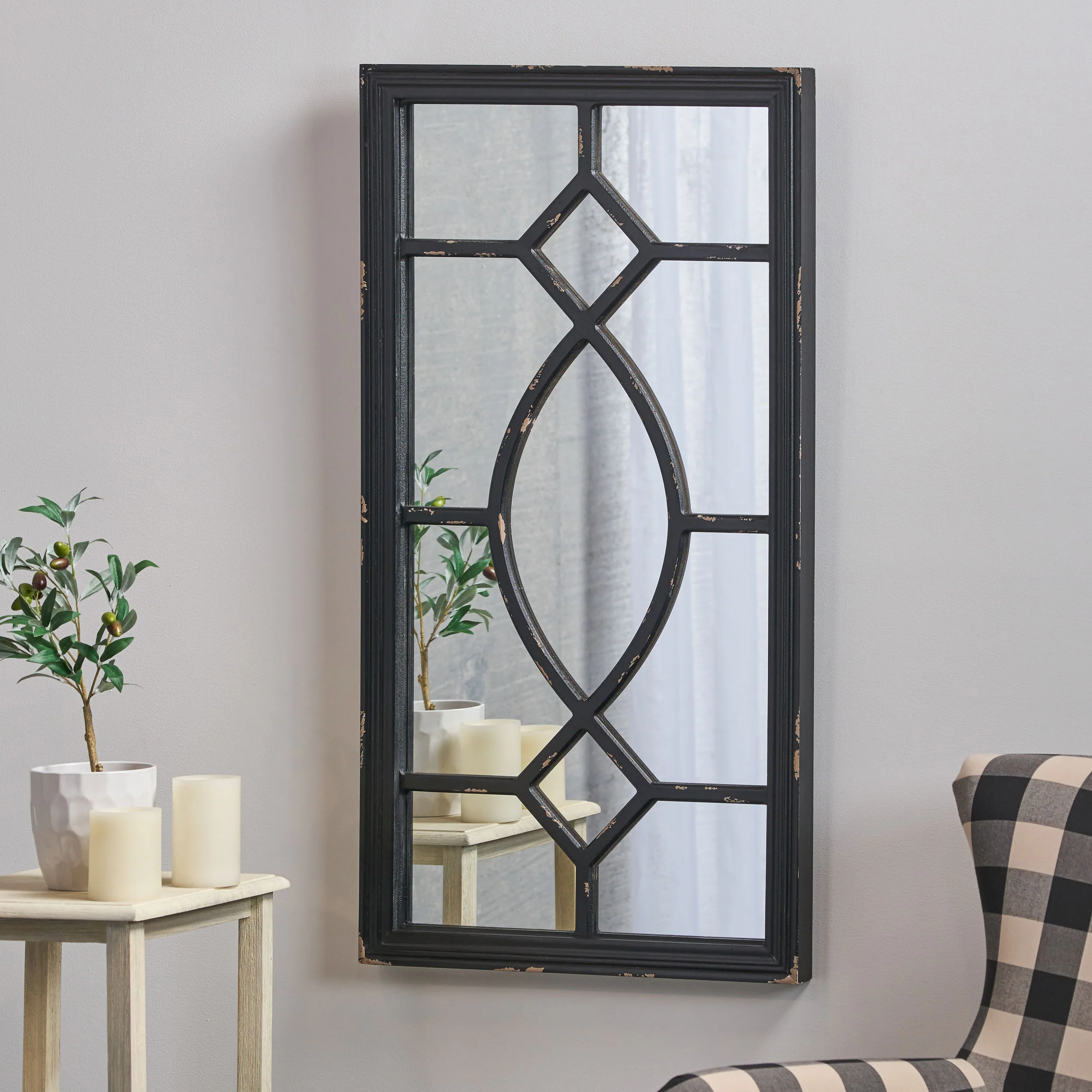 Zoe Rectangular Wooden Rustic Farmhouse Mirror, Distressed Black Frame - furnishings
