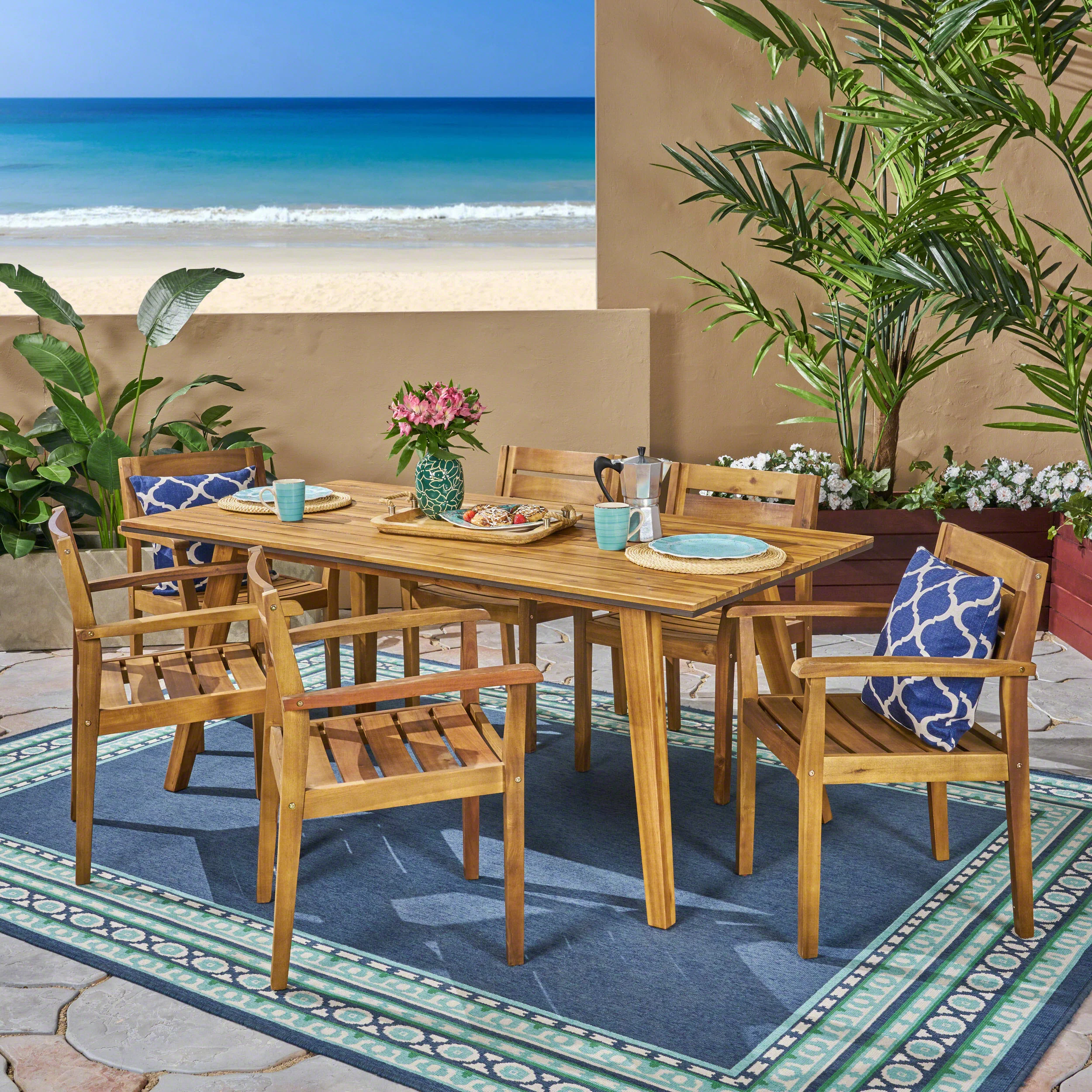 Renee Outdoor 7 Piece Acacia Wood Dining Set, Teak and Dark Brown - furnishings