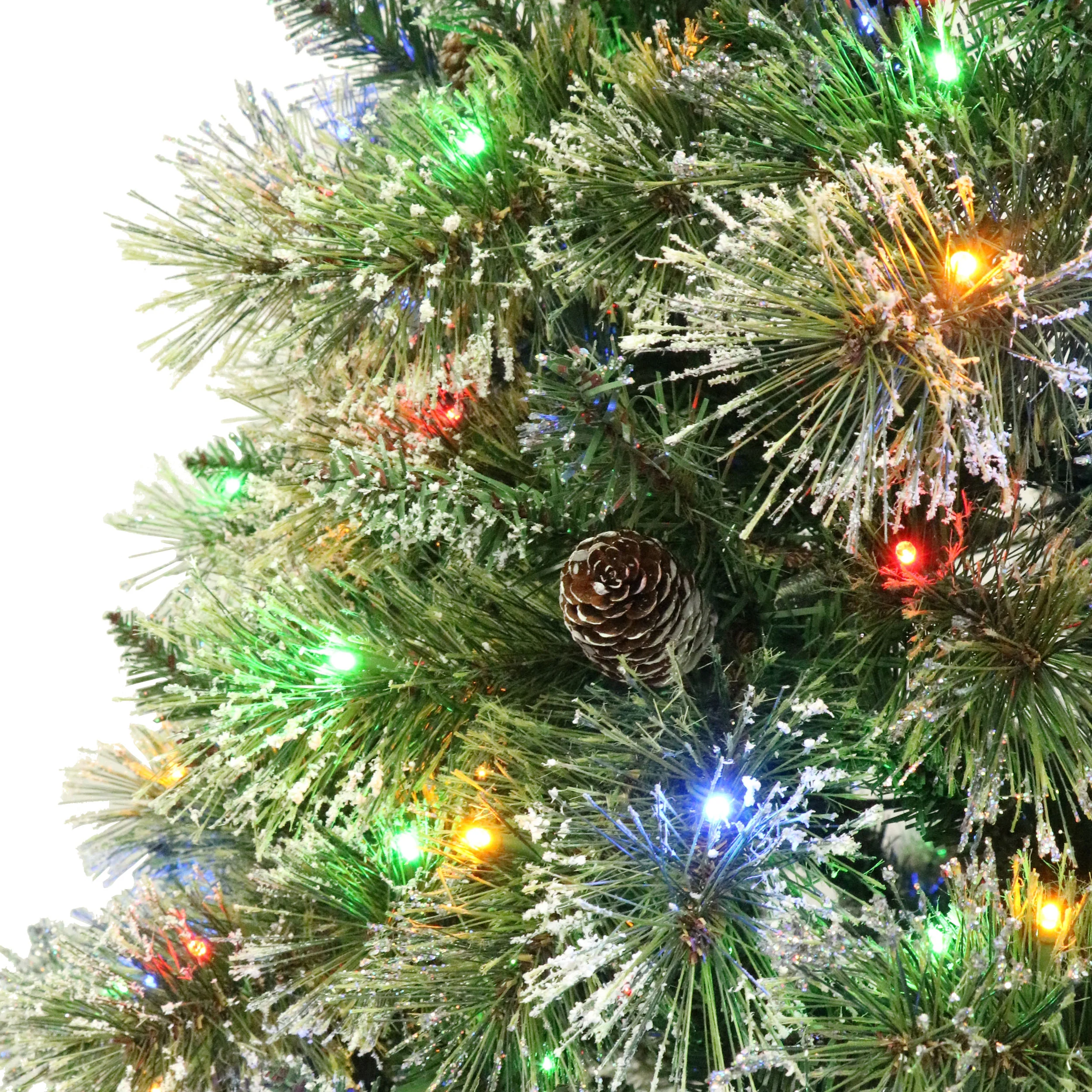 7-foot Cashmere Pine and Mixed Needles Pre-Lit Clear LED Hinged Artificial Christmas Tree with Snow and Glitter Branches and Frosted Pinecones - furnishings