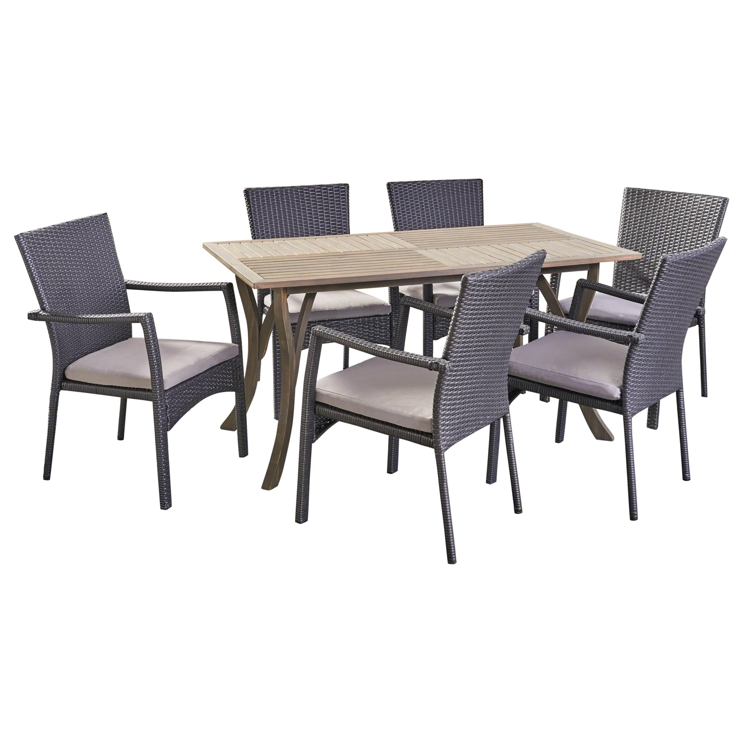 Ronnie Outdoor 7 Piece Wood and Wicker Dining Set, Gray and Gray - furnishings