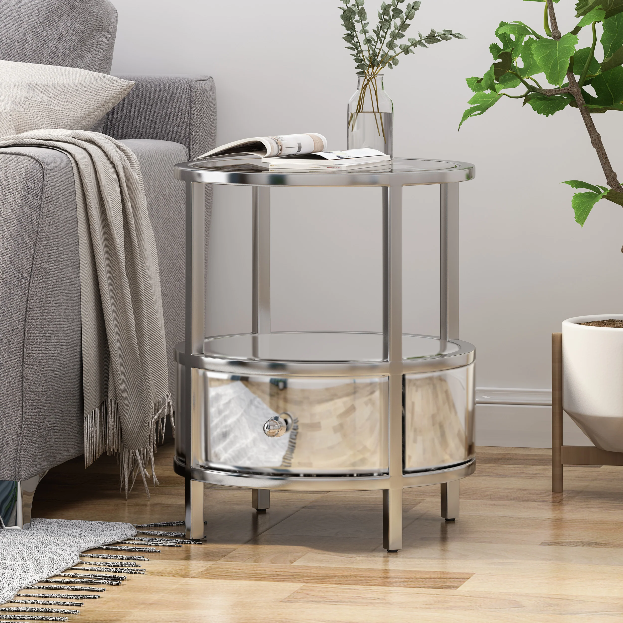 Celina Modern Round End Table with Tempered Glass Drawers and Stainless Steel Frame, Silver - furnishings