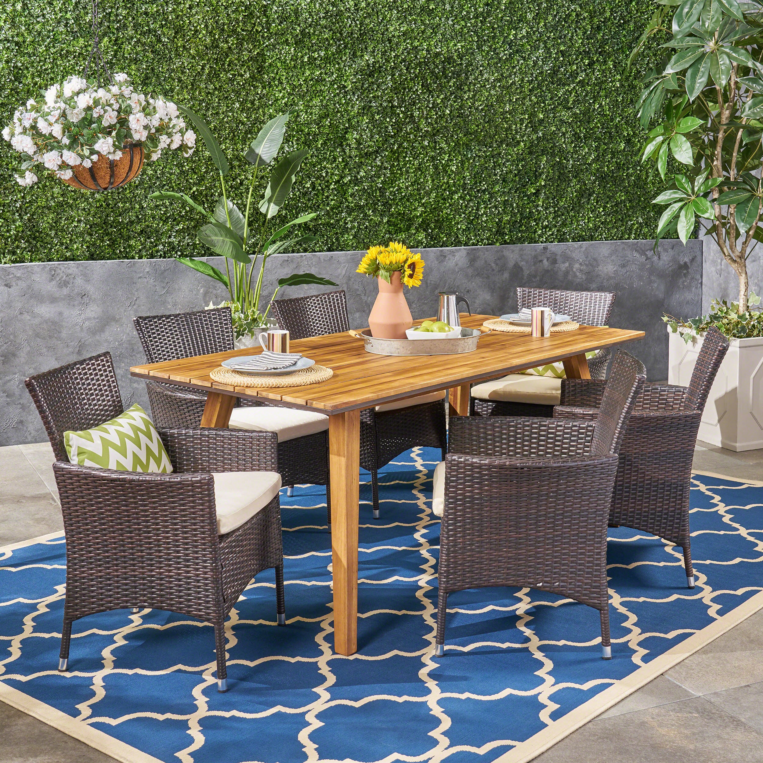 Ella Outdoor 7 Piece Acacia Wood Dining Set with Wicker Chairs, Teak and Multi Brown and Beige - furnishings