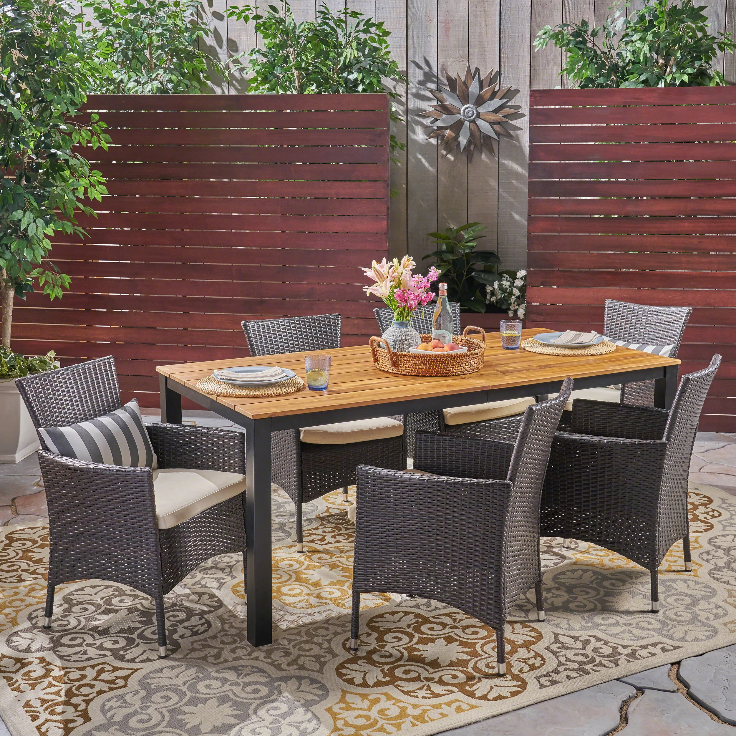 Teresa Outdoor 7 Piece Acacia Wood Dining Set with Wicker Chairs - furnishings