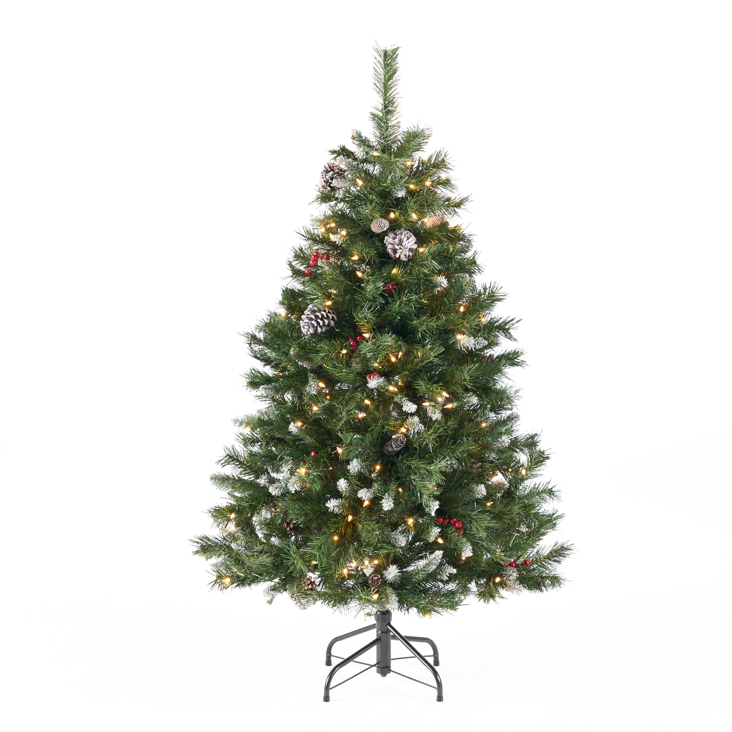 4.5-foot Mixed Spruce Hinged Artificial Christmas Tree with Frosted Branches, Red Berries, and Frosted Pinecones - furnishings