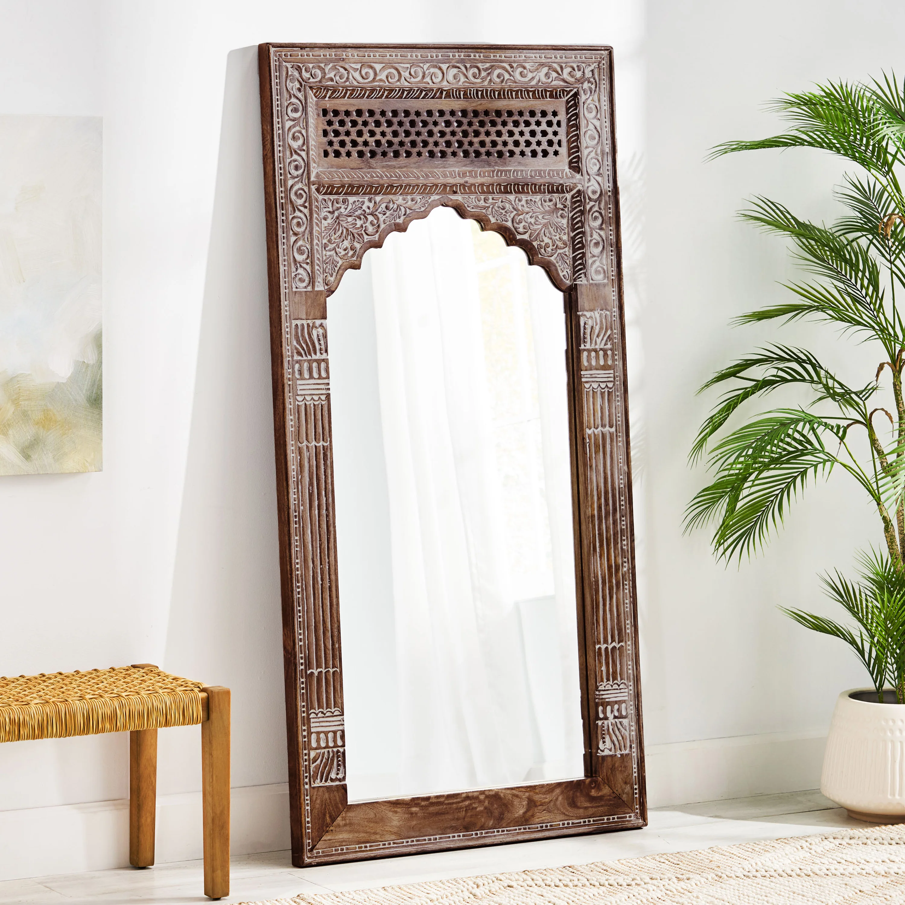 Wyola Traditional Handcrafted Mango Wood Carved Full Length Standing Mirror - furnishings