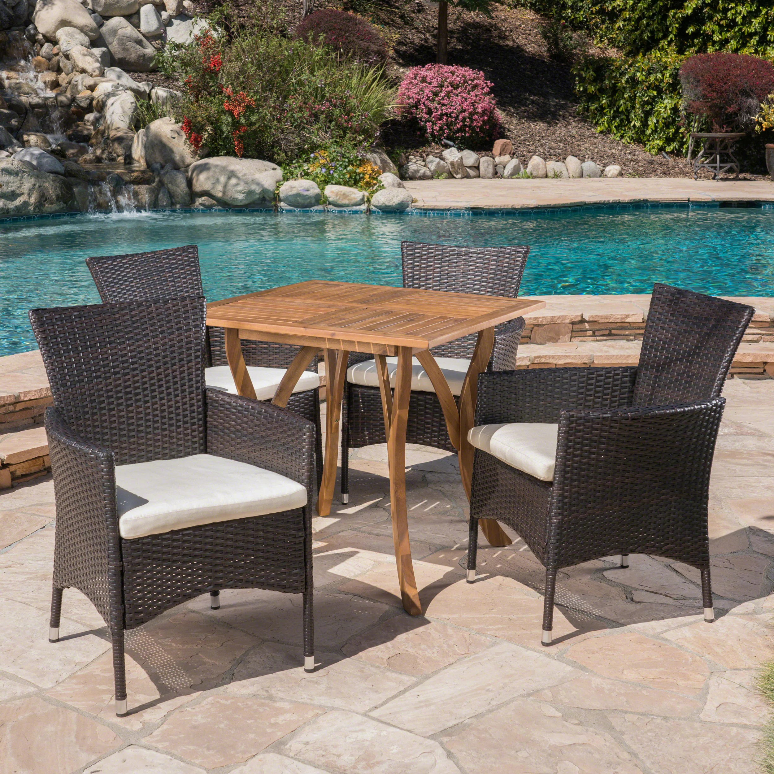 James Outdoor 5 Piece Acacia Wood/ Wicker Dining Set with Cushions, Teak Finish and Multibrown with Beige - furnishings