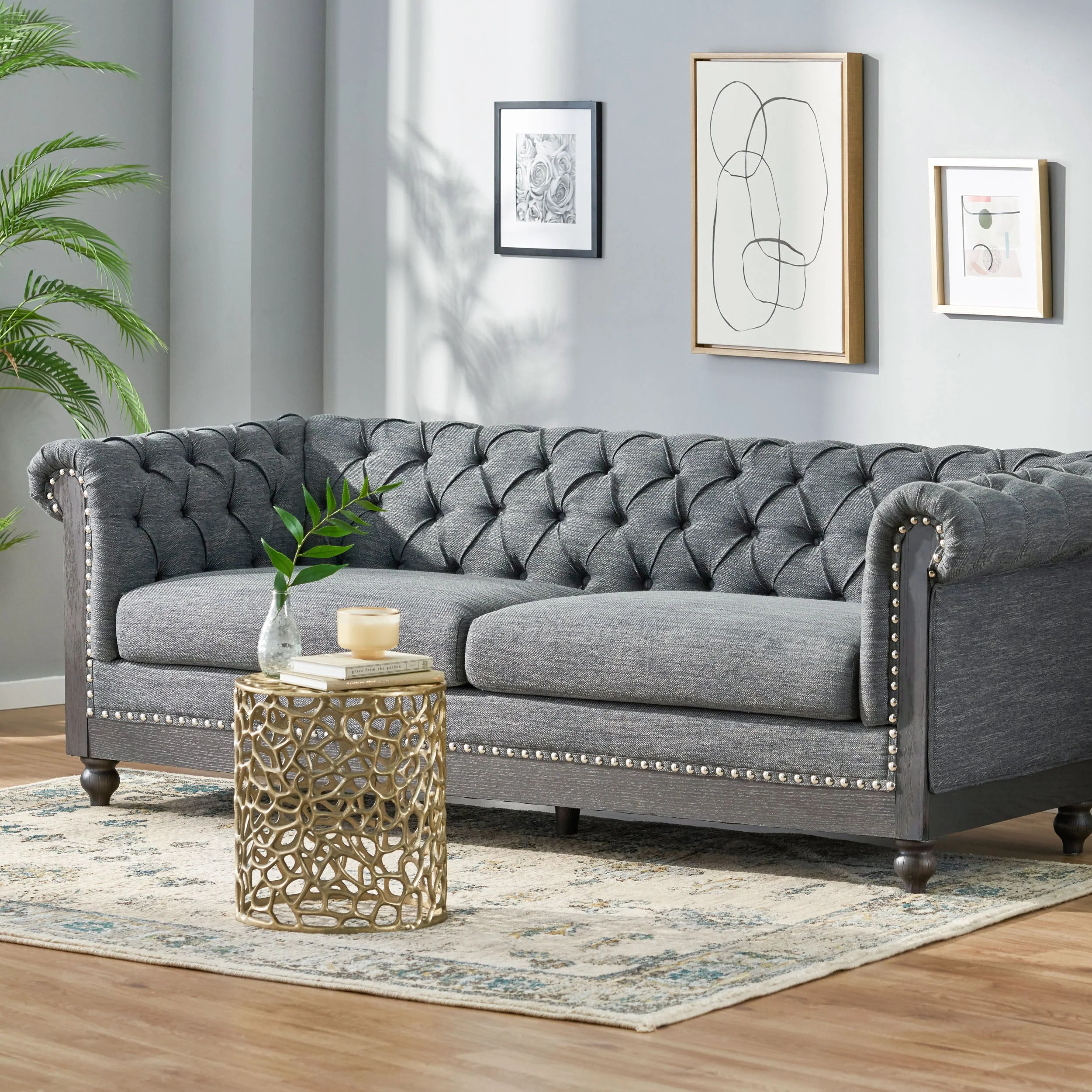 Kinzie Chesterfield Tufted Fabric 3 Seater Sofa with Nailhead Trim - furnishings