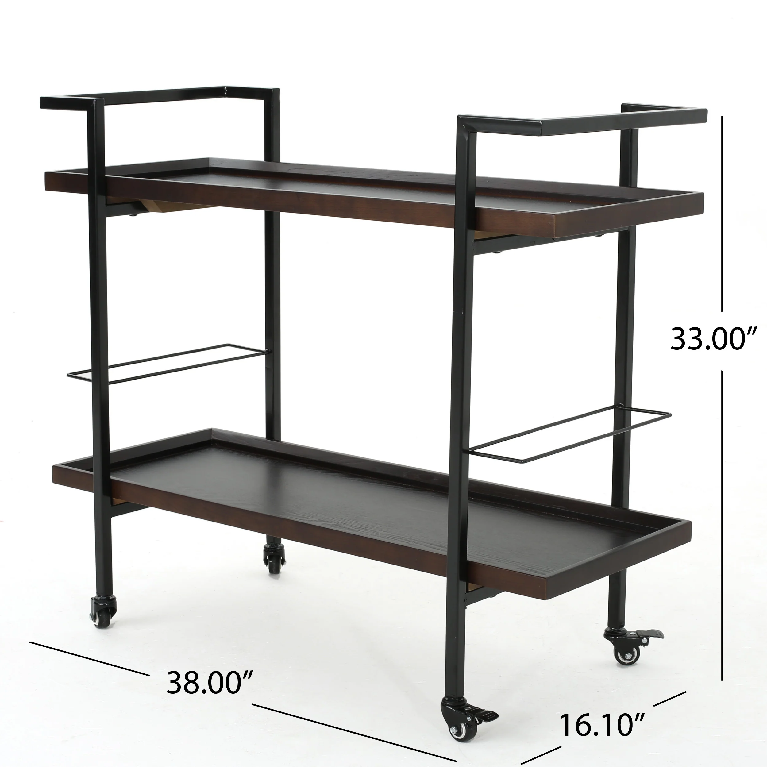 Gerard Modern Industrial Two Shelf Wood Finished Bar Cart with Rolling Casters - furnishings