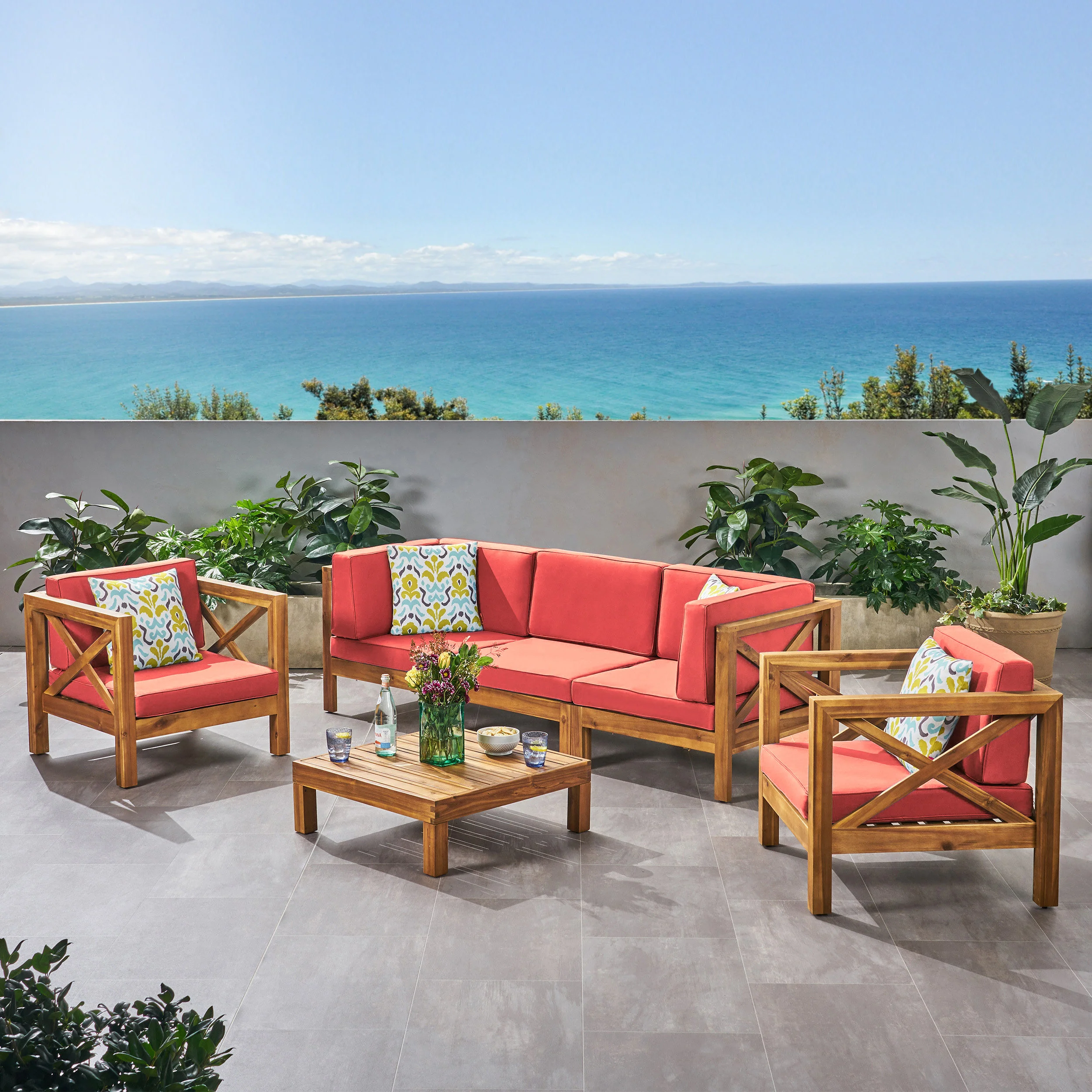 Morgan Outdoor 5 Seater Acacia Wood Sofa Chat Set - furnishings
