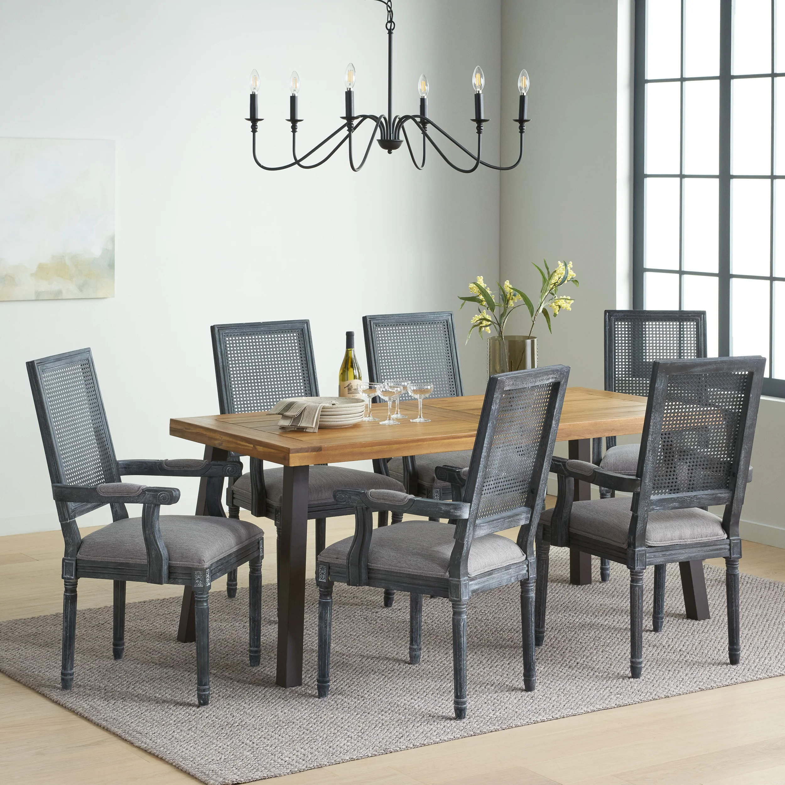 Marten Farmhouse Fabric Upholstered Wood and Cane 7 Piece Dining Set - furnishings