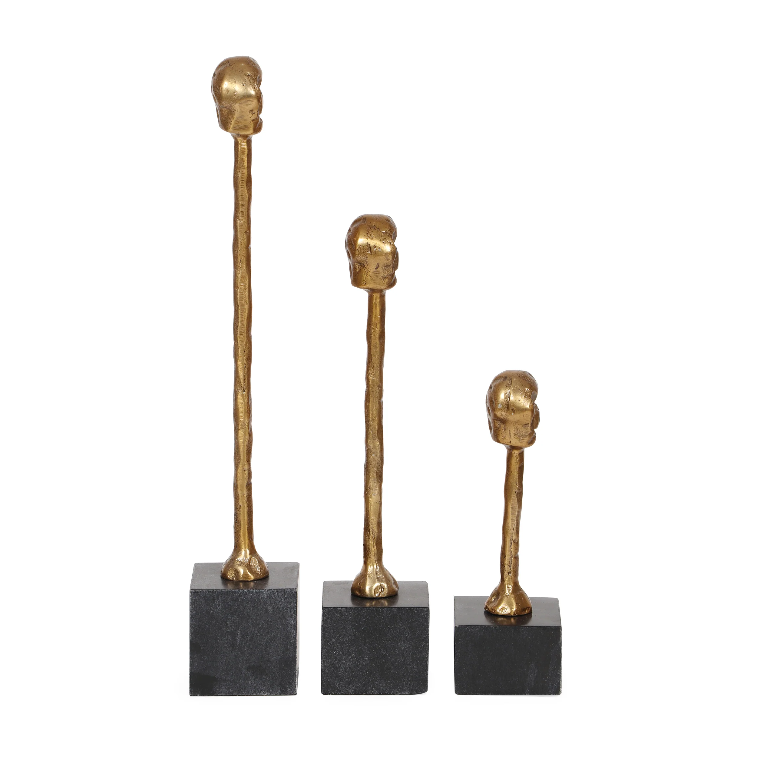 Litch Handmade Aluminum Skull Tabletop Decor on Marble Base (Set of 3), Raw Brass and Black - furnishings