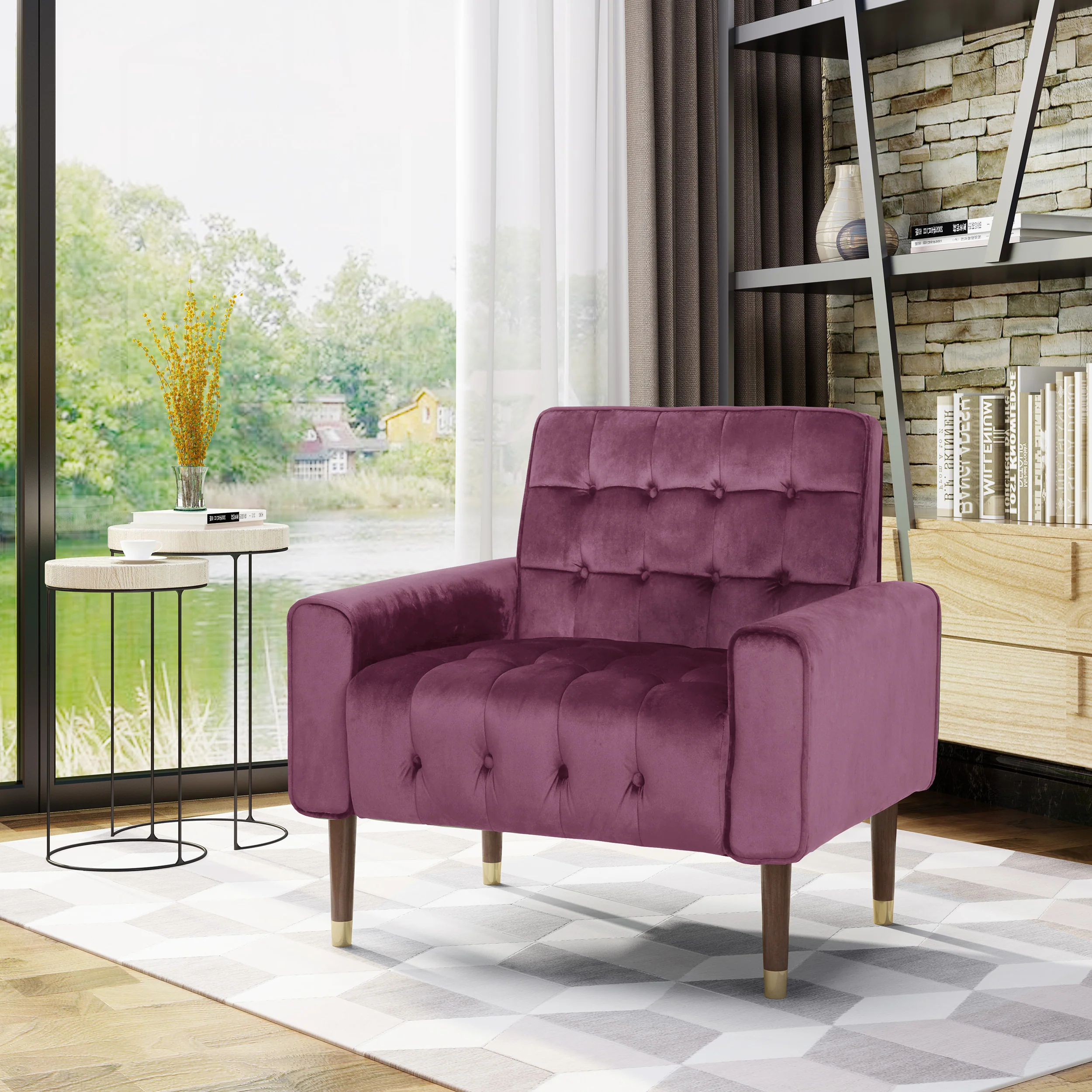 Betsy Velvet Armchair, Modern Glam, Button-Tufted, Waffle Stitching - furnishings