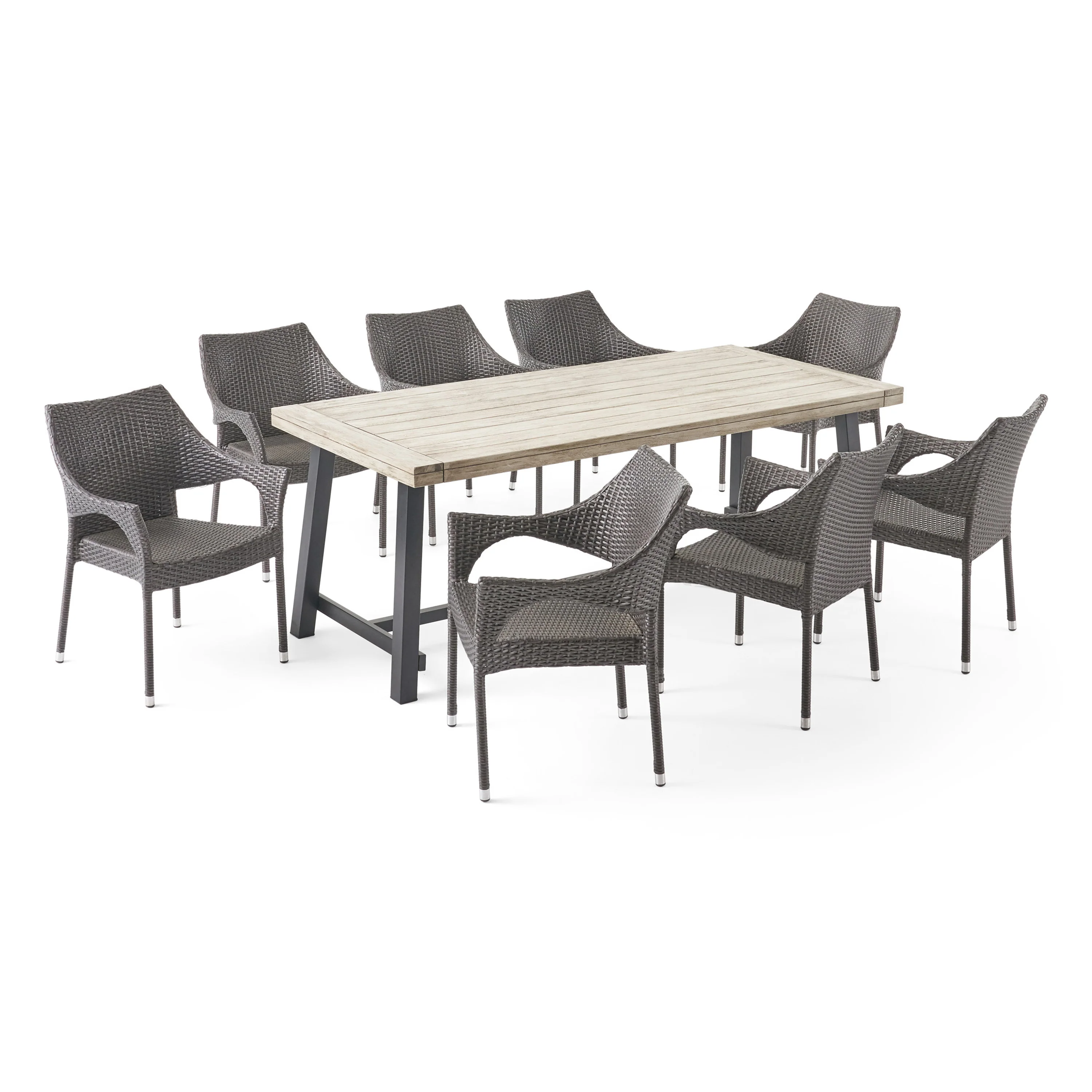 Emmalynn Outdoor Wood and Wicker 8 Seater Dining Set - furnishings