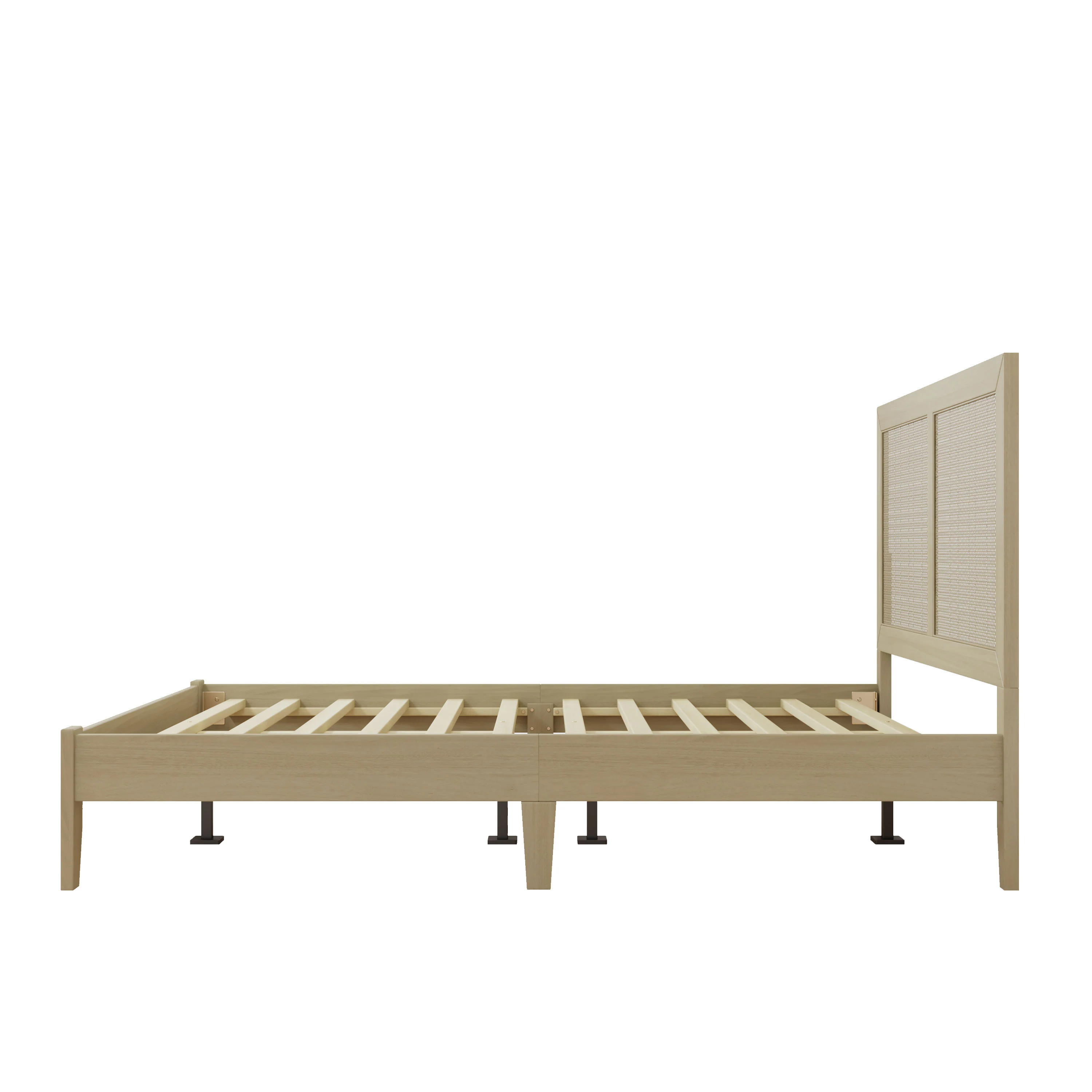Linenwood Eudoca Rubber Wood Platform Bed with Rattan Woven Headboard, Natural - furnishings