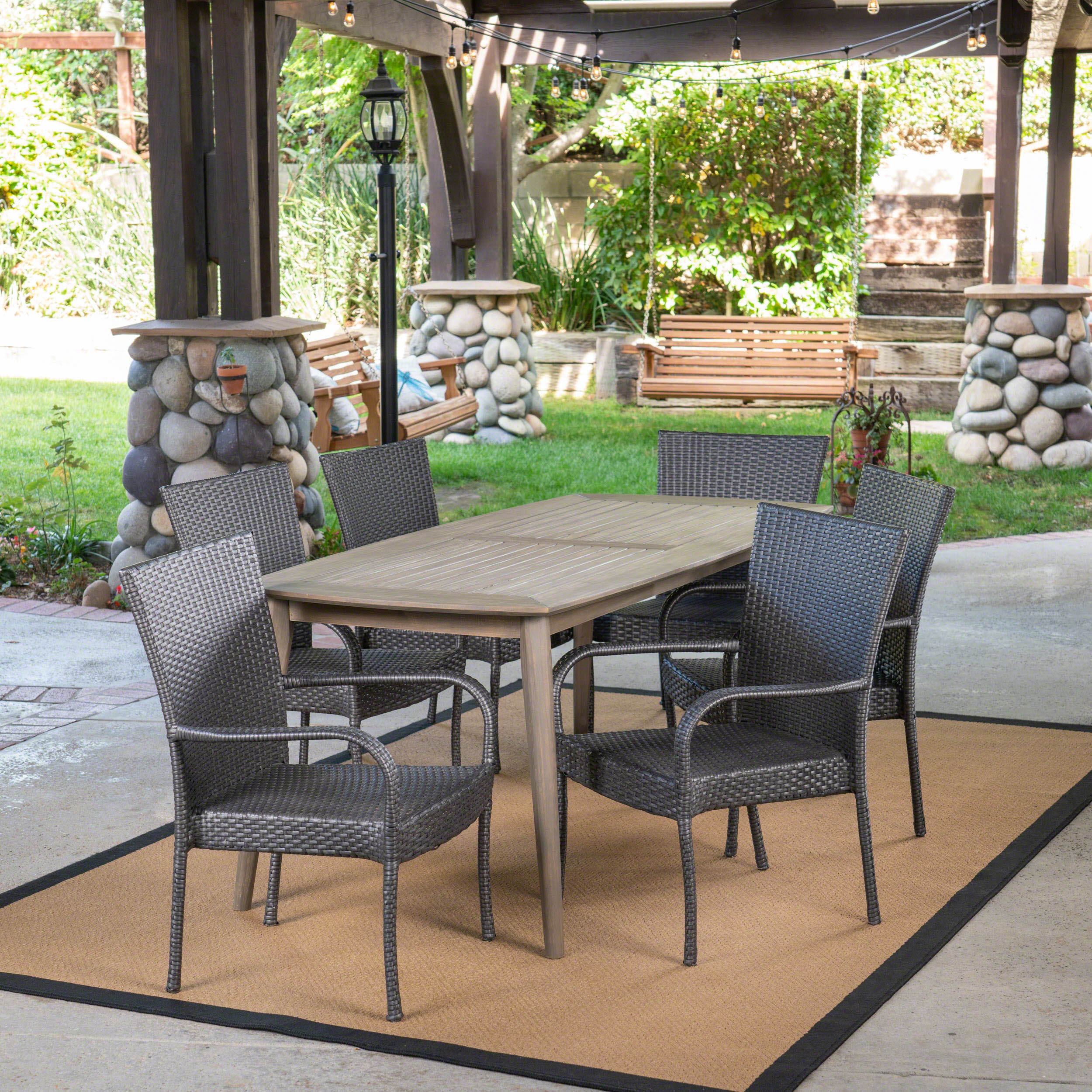Livio Outdoor 7 Piece Wood and Wicker Dining Set, Gray and Gray - furnishings