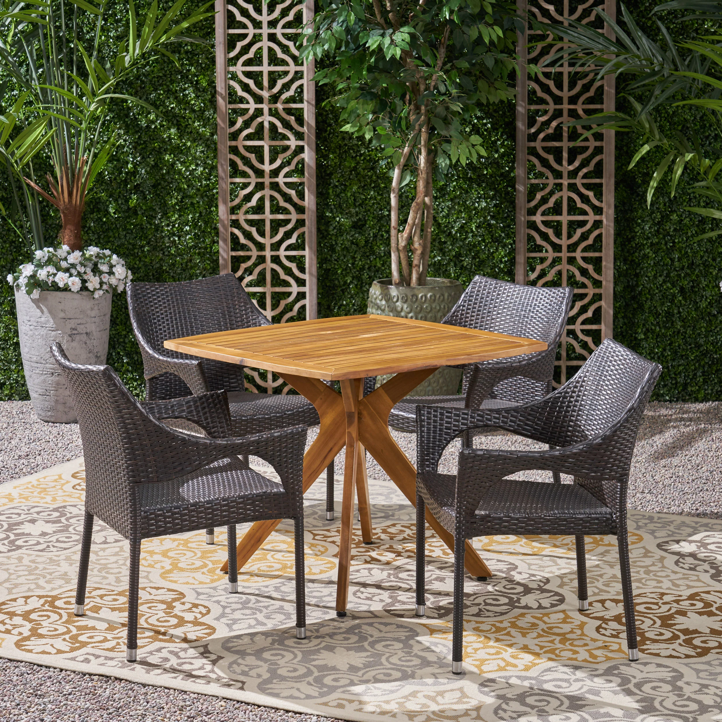 Declan Outdoor 5 Piece Wood and Wicker Dining Set - furnishings