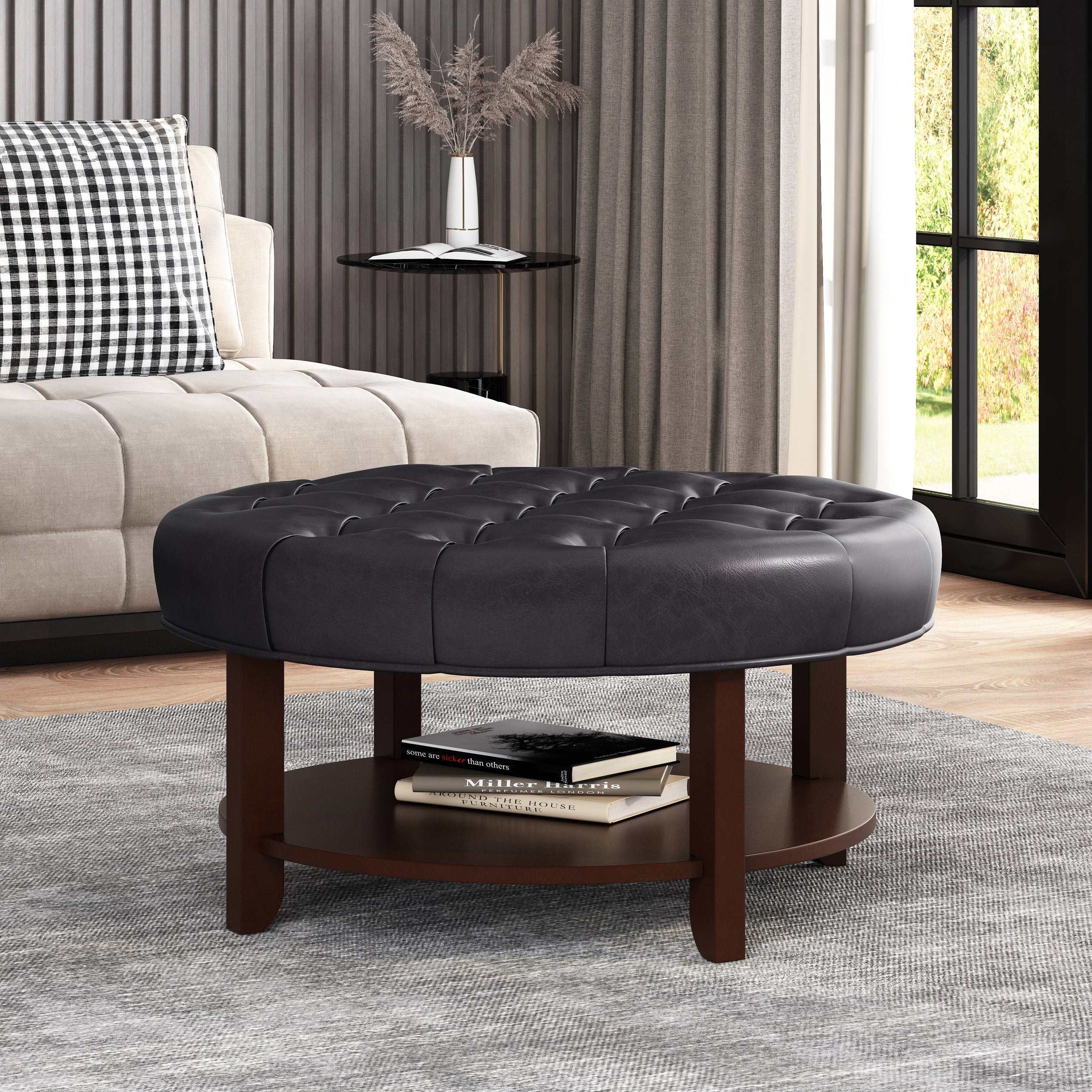 Baynes Contemporary Faux Leather Tufted Wood Round Ottoman with Open Shelf - furnishings
