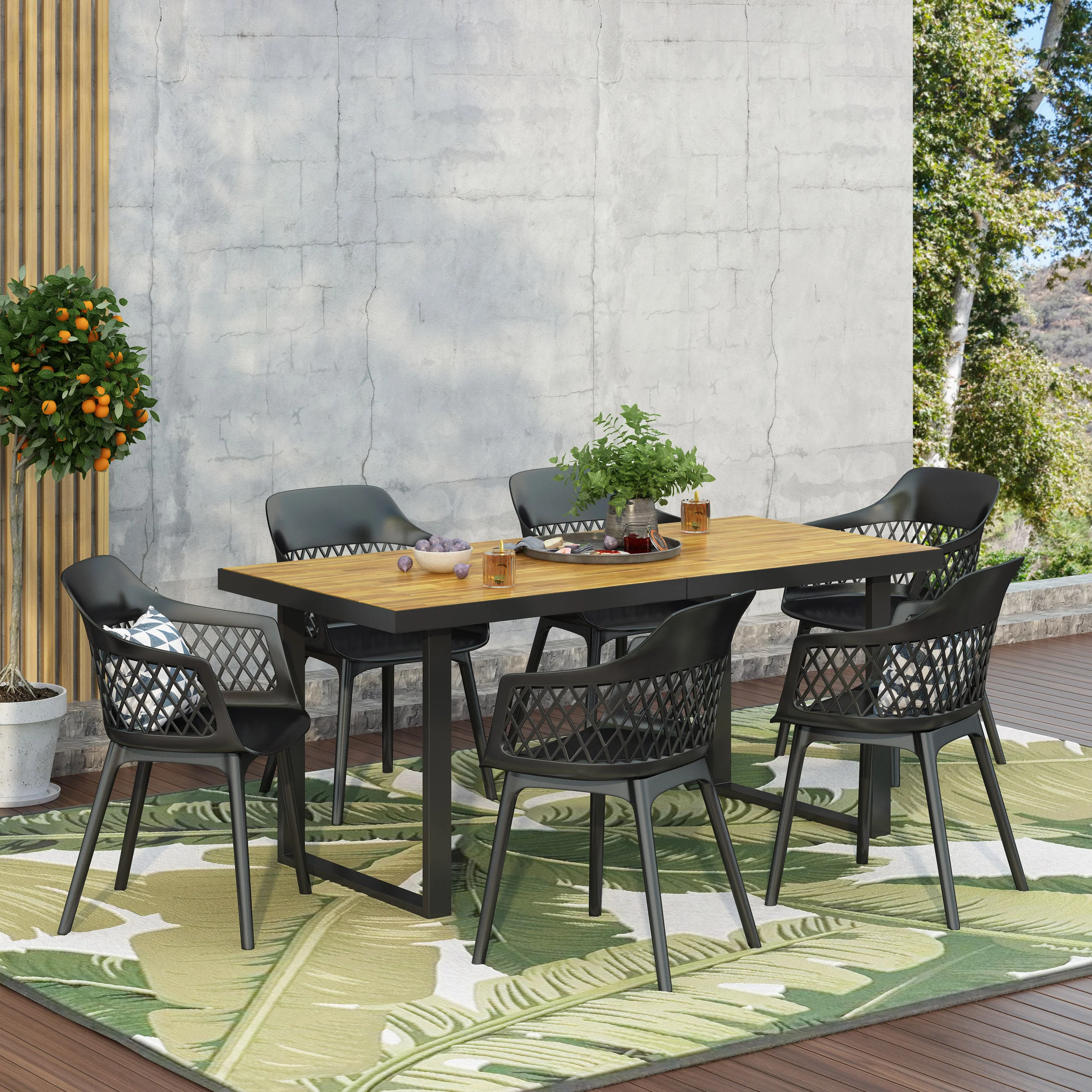 Roma Outdoor Wood and Resin 7 Piece Dining Set, Black and Teak - furnishings