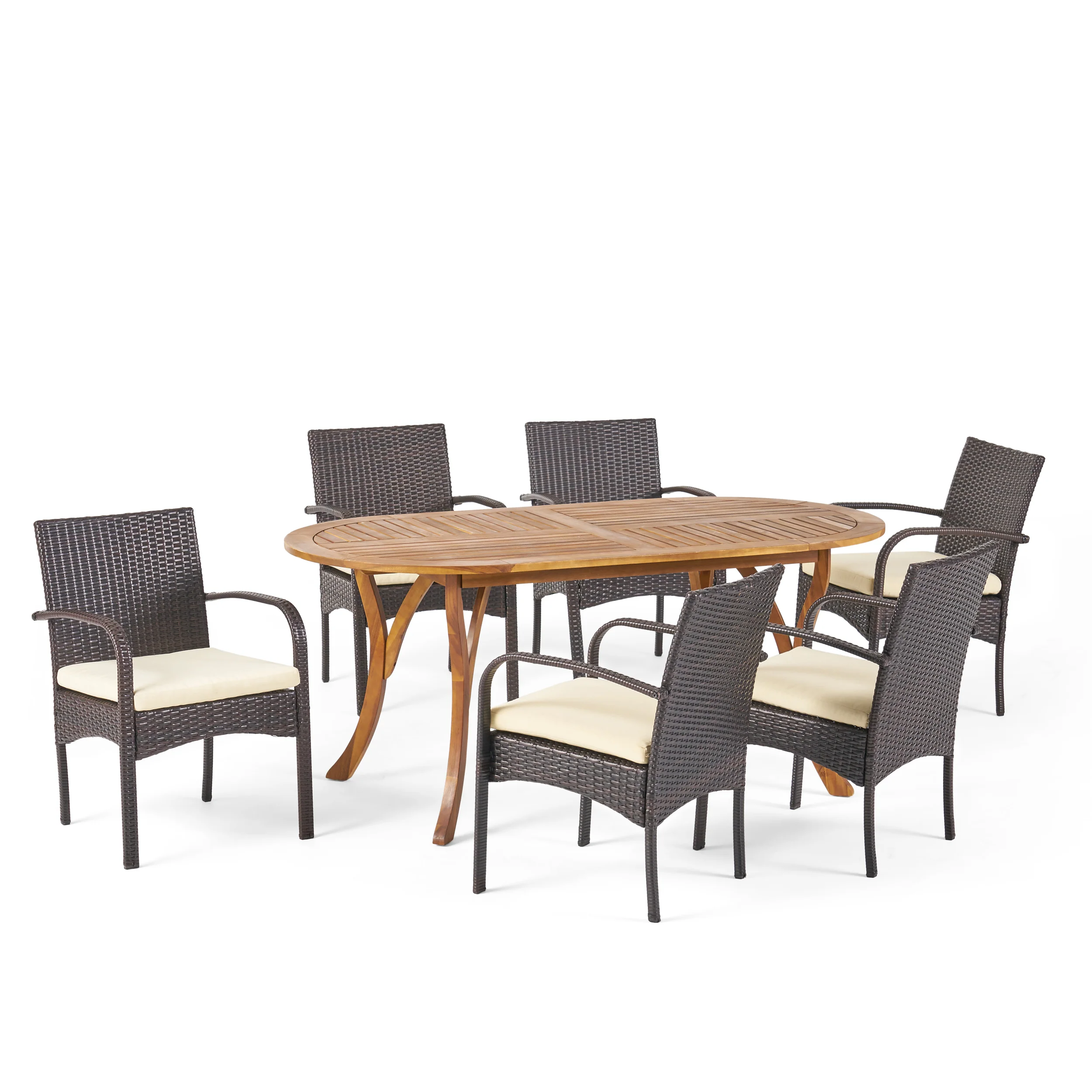 Epps Outdoor 7 Piece Acacia Wood and Wicker Dining Set, Teak with Multi Brown Chairs - furnishings