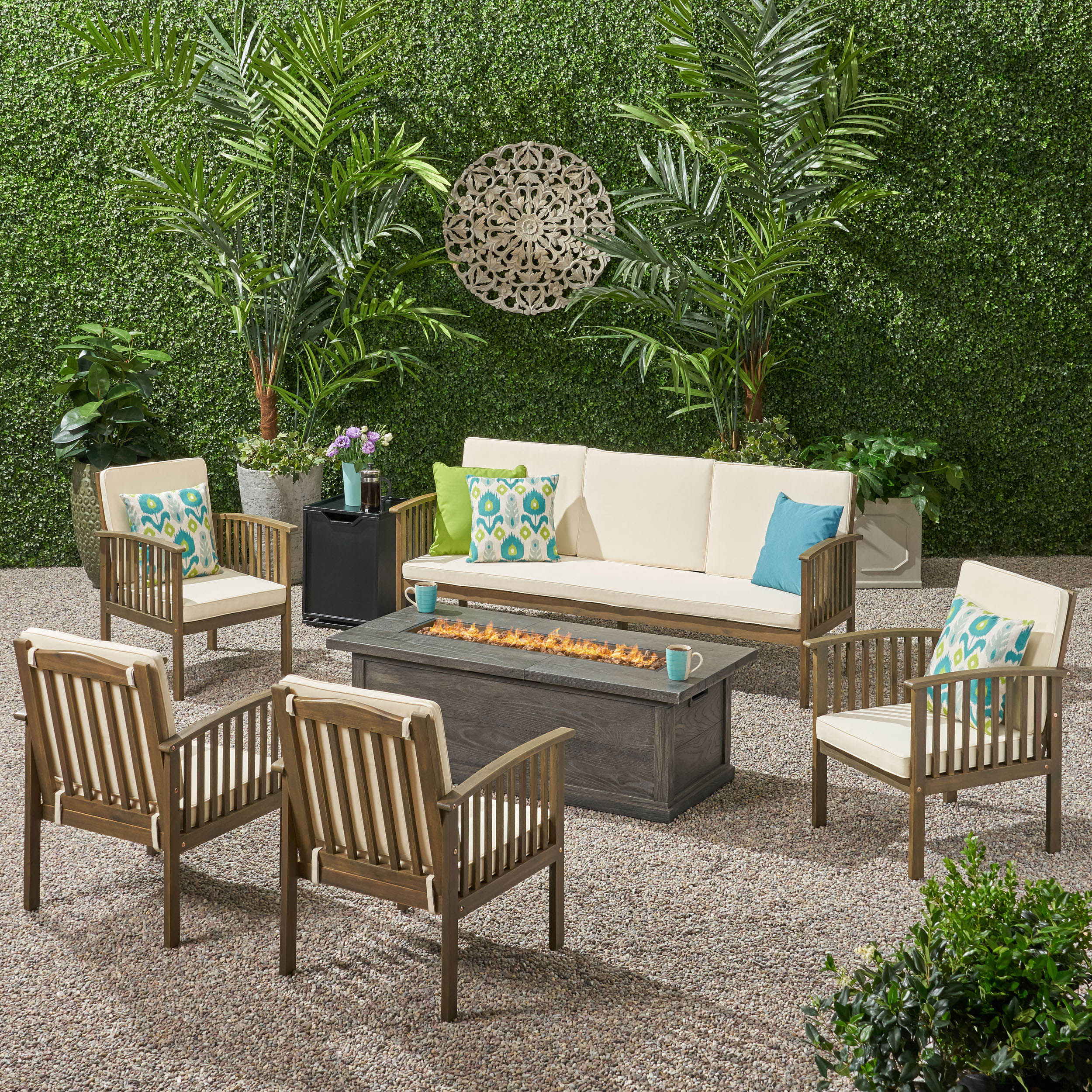 Suzanne Sophia Outdoor 7 Piece Acacia Wood Chat Set with Fire Pit - furnishings