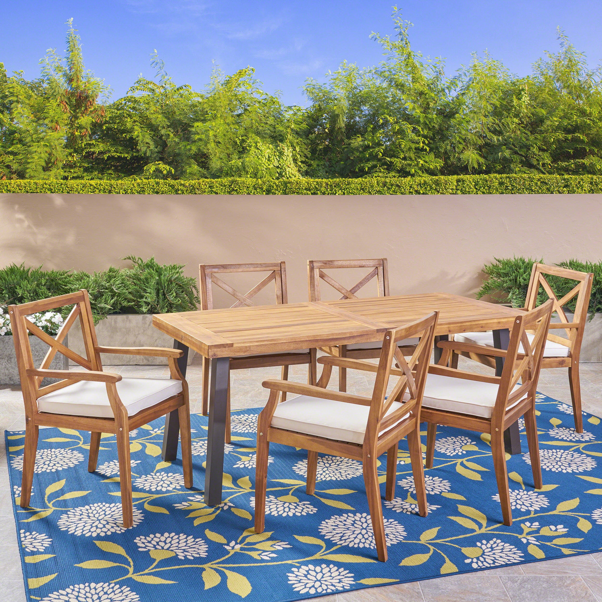 Justin Outdoor Farmhouse Slat-Top 7 Piece Acacia Wood Dining Set with Cushions - furnishings