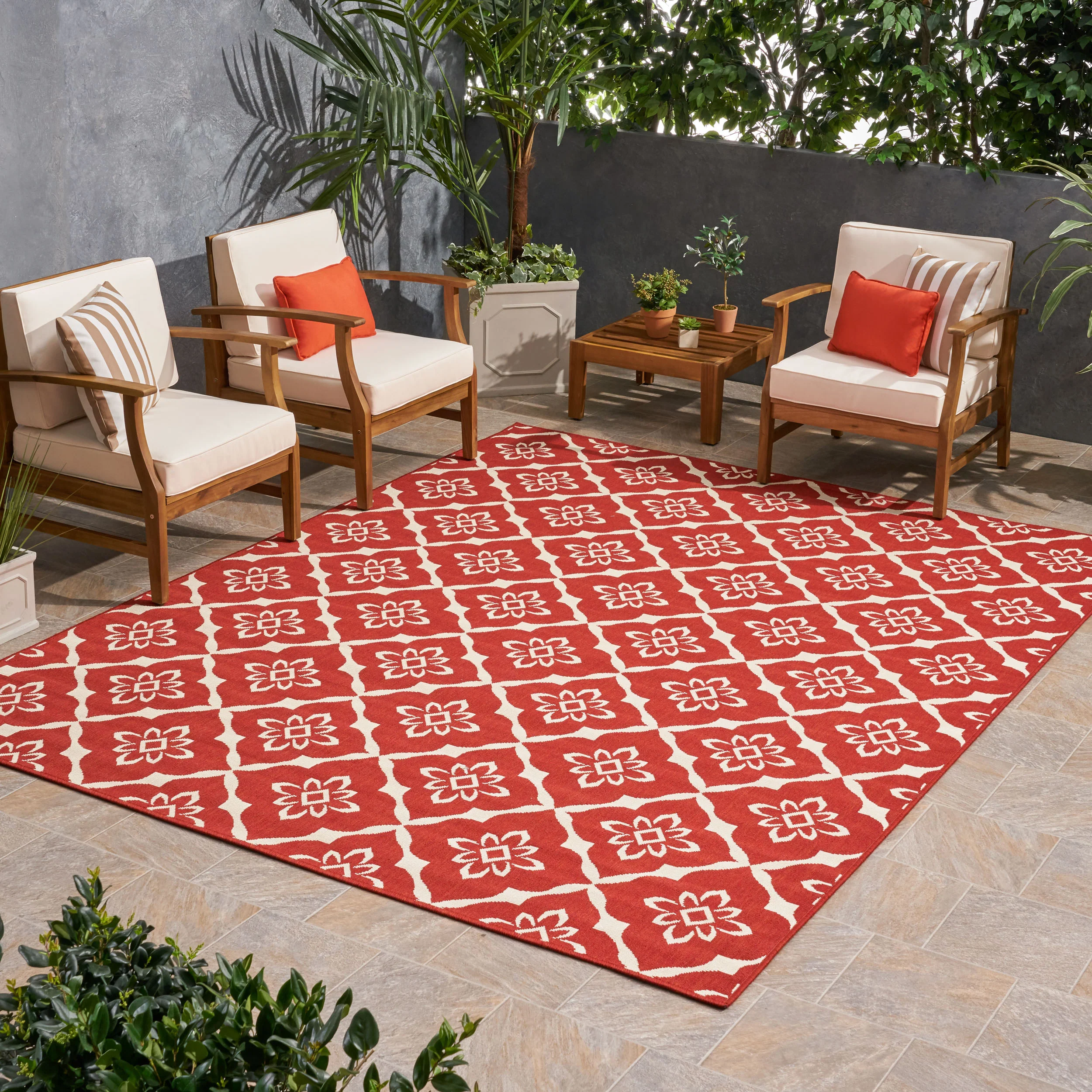 Eluzer Outdoor Trellis Area Rug, Red and Ivory - furnishings
