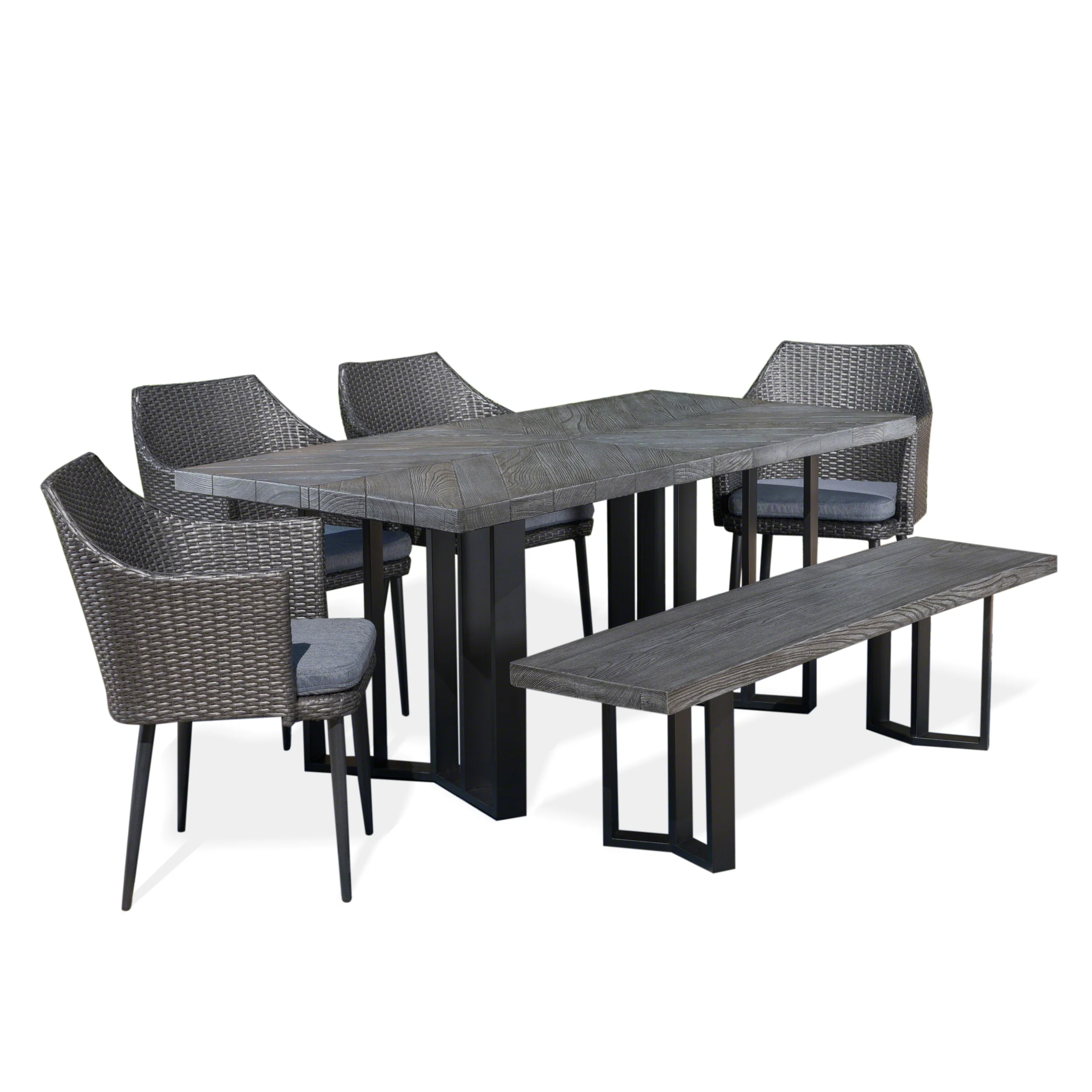 Tammy Outdoor 6 Piece Wicker Dining Set with Concrete Dining Table and Bench - furnishings