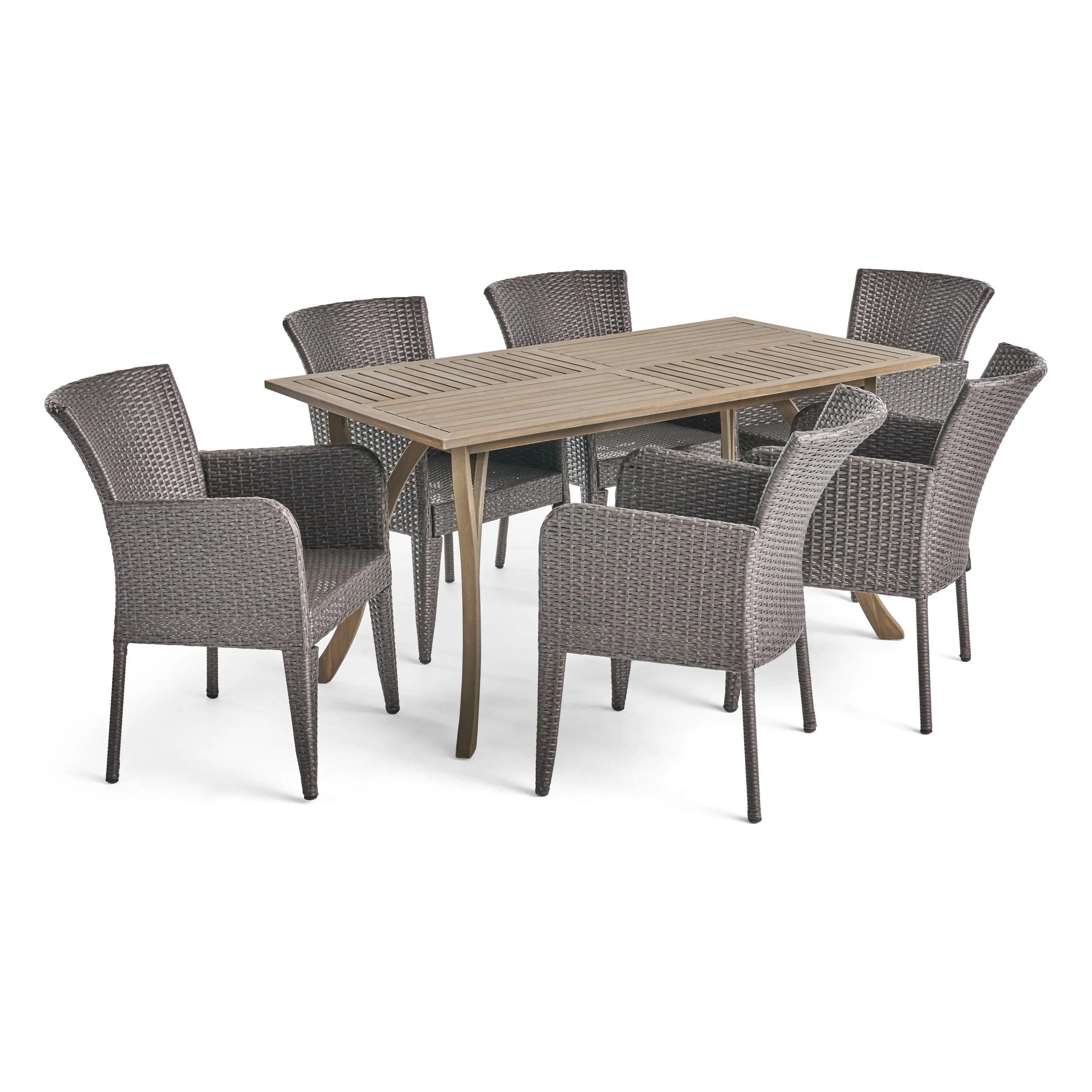 Freeman Outdoor 7 Piece Wood and Wicker Dining Set, Gray with Gray Chairs - furnishings