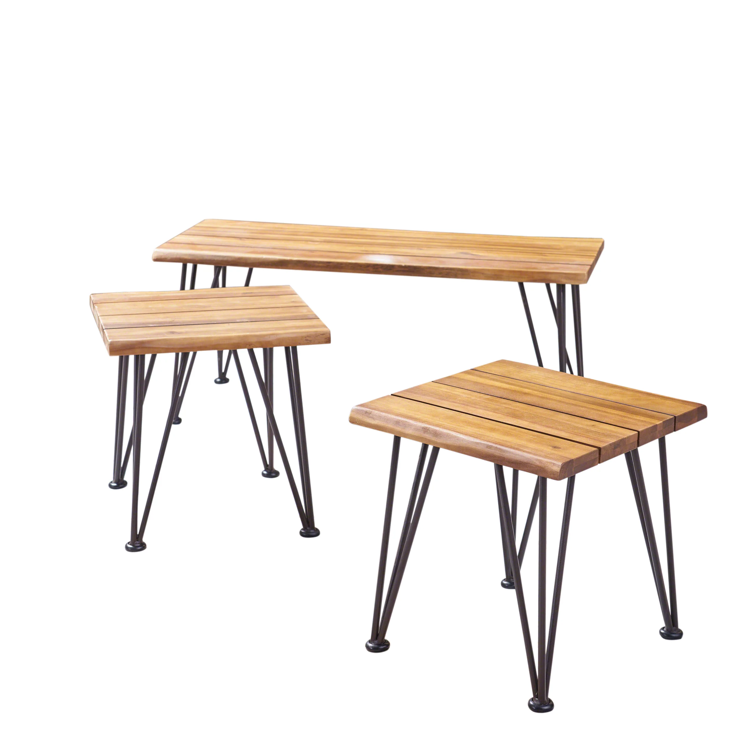 Avy Outdoor Rustic Industrial Acacia Wood Coffee Table and Accent Table Set with Metal Hairpin Legs, Teak - furnishings