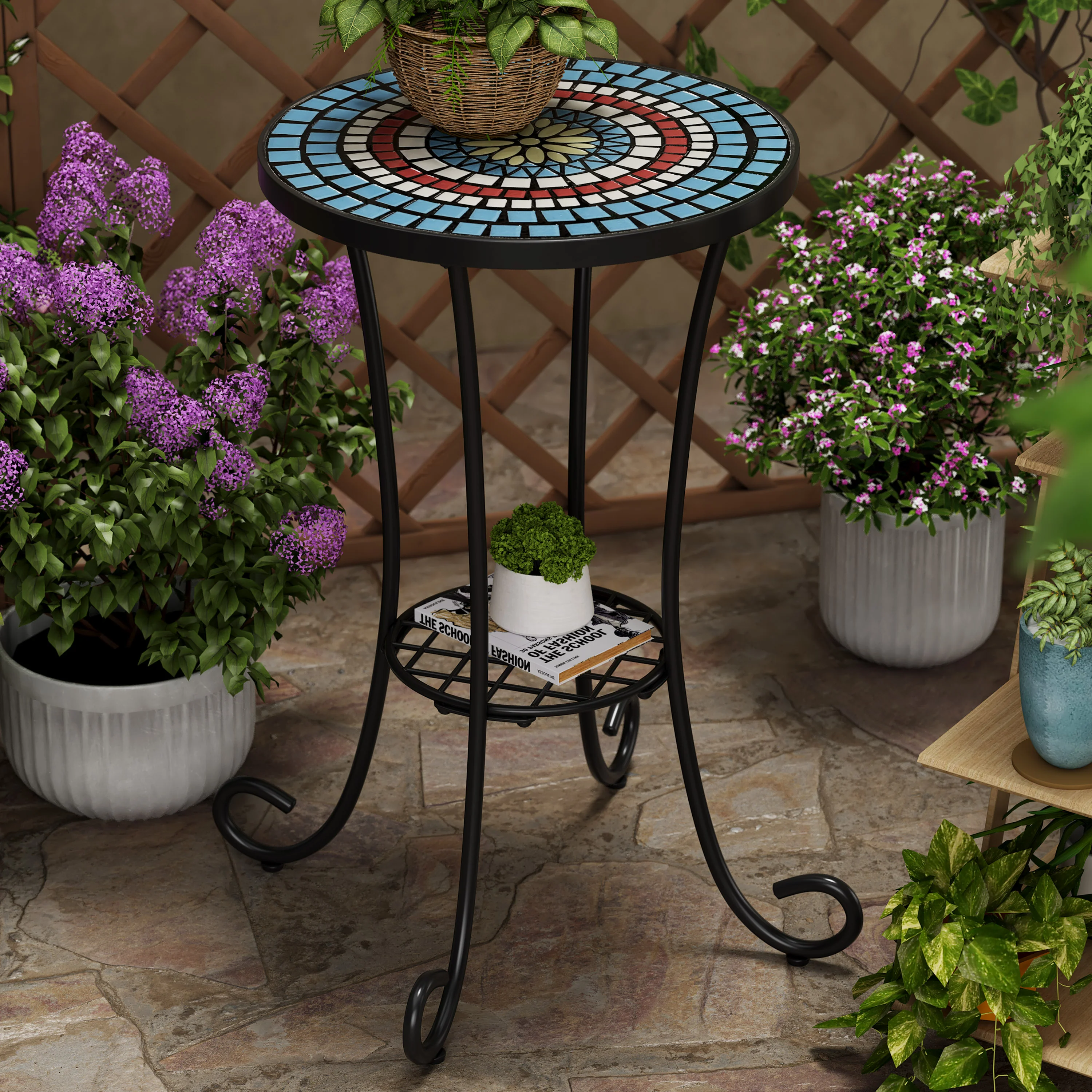 Eulalie Outdoor Patio Round Side Table with Shelf - furnishings