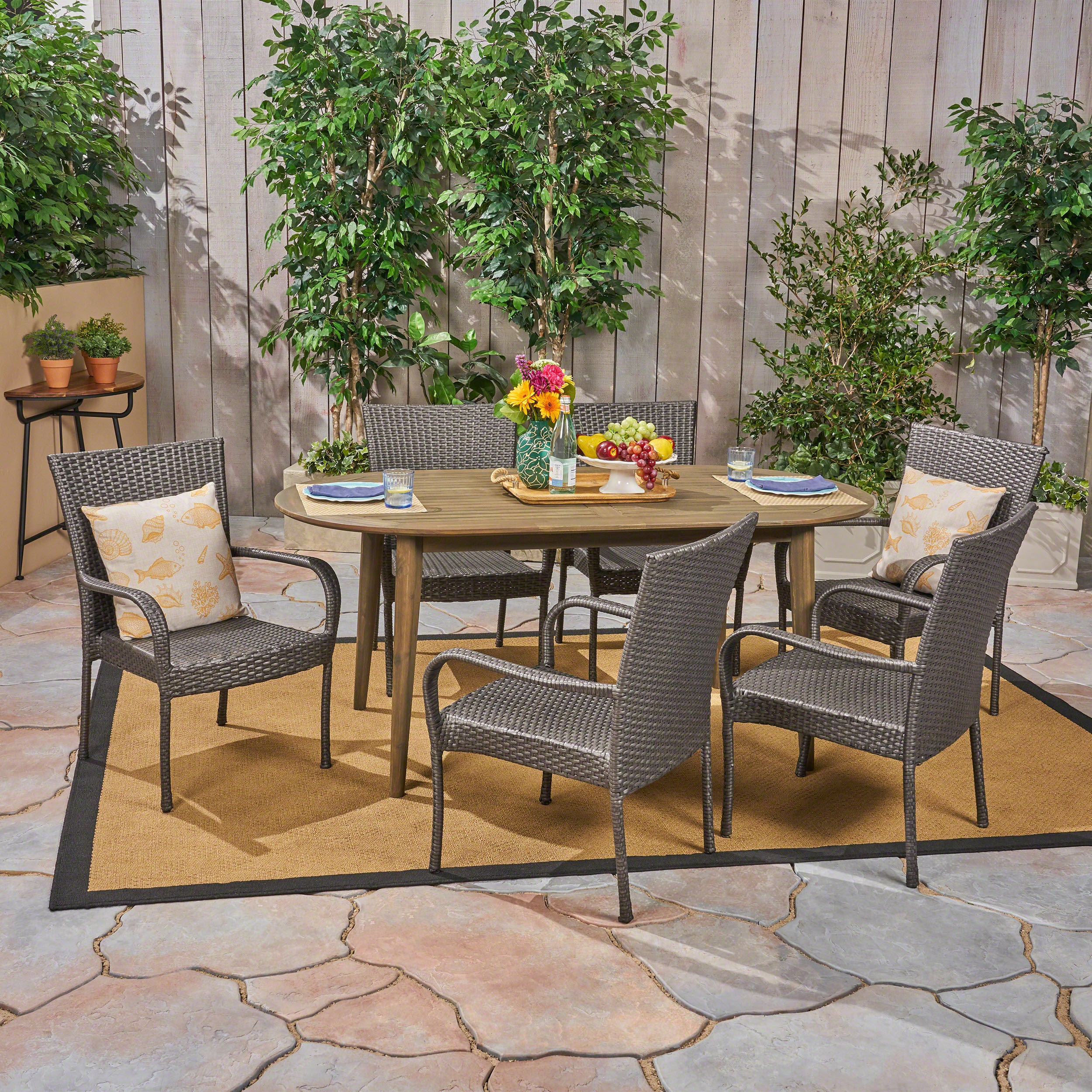 Elle Outdoor 7 Piece Acacia Wood Dining Set with Stacking Wicker Chairs - furnishings