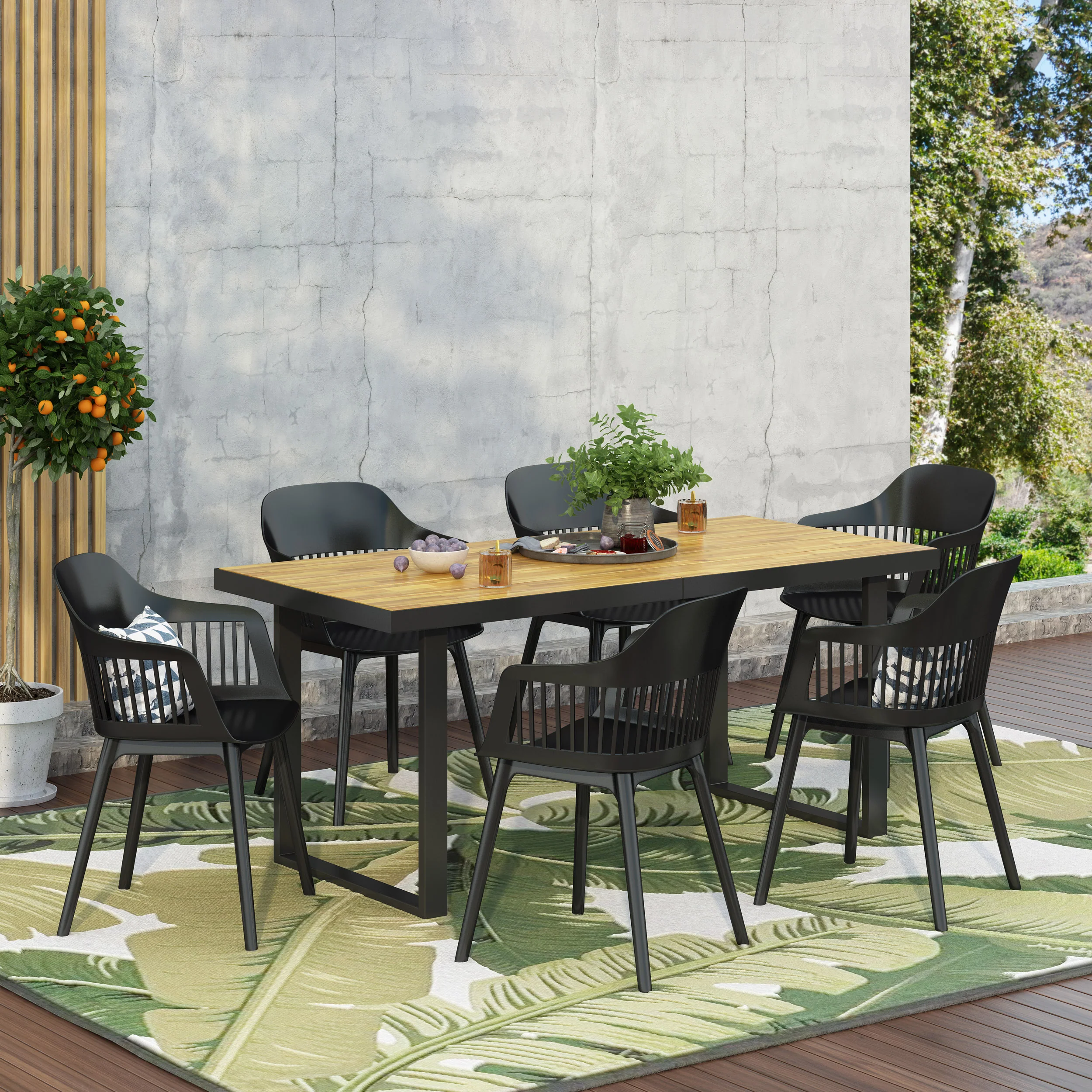 Flora Outdoor Wood and Resin 7 Piece Dining Set, Black and Teak - furnishings