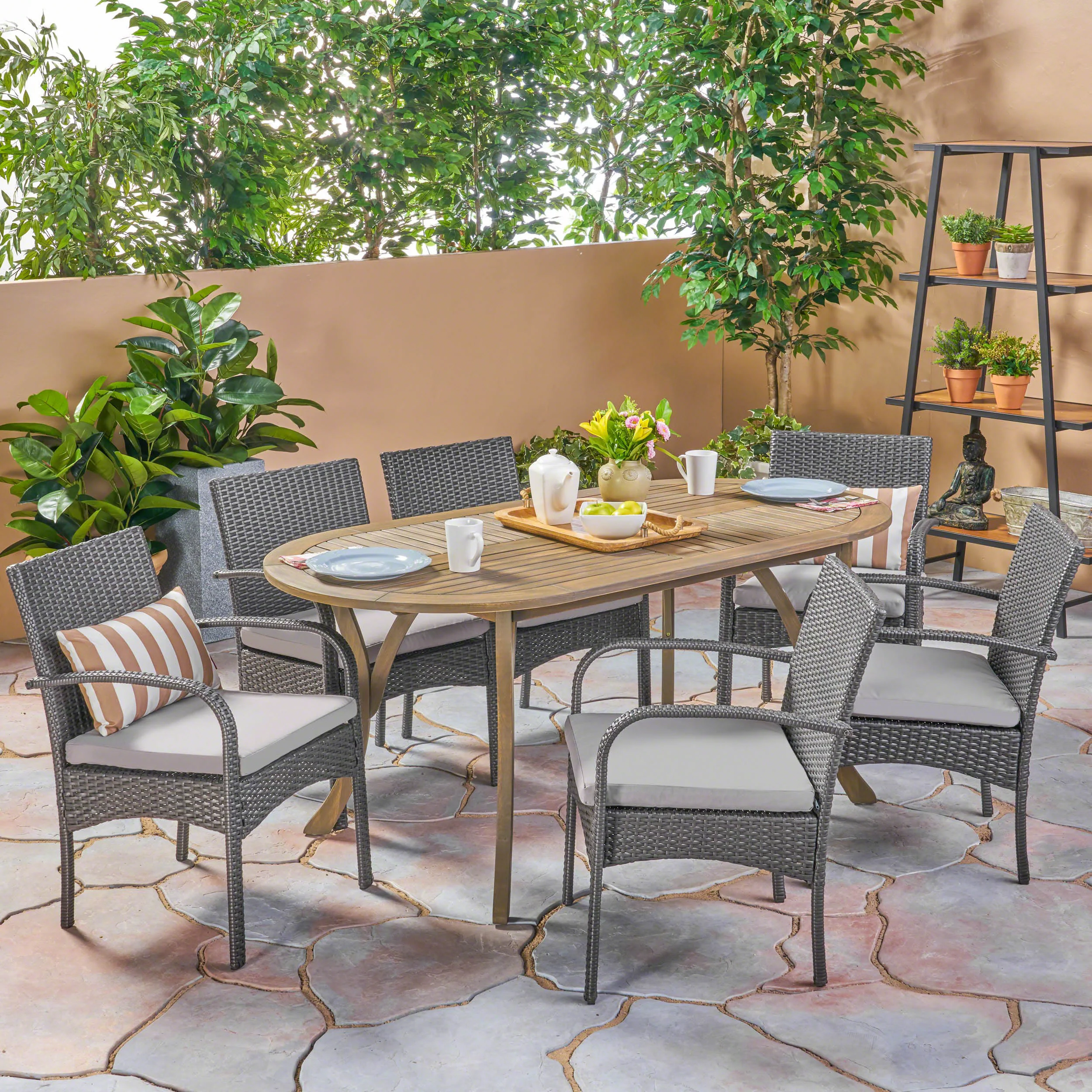 Isla Outdoor 7 Piece Wood and Wicker Dining Set, Gray Finish and Gray - furnishings