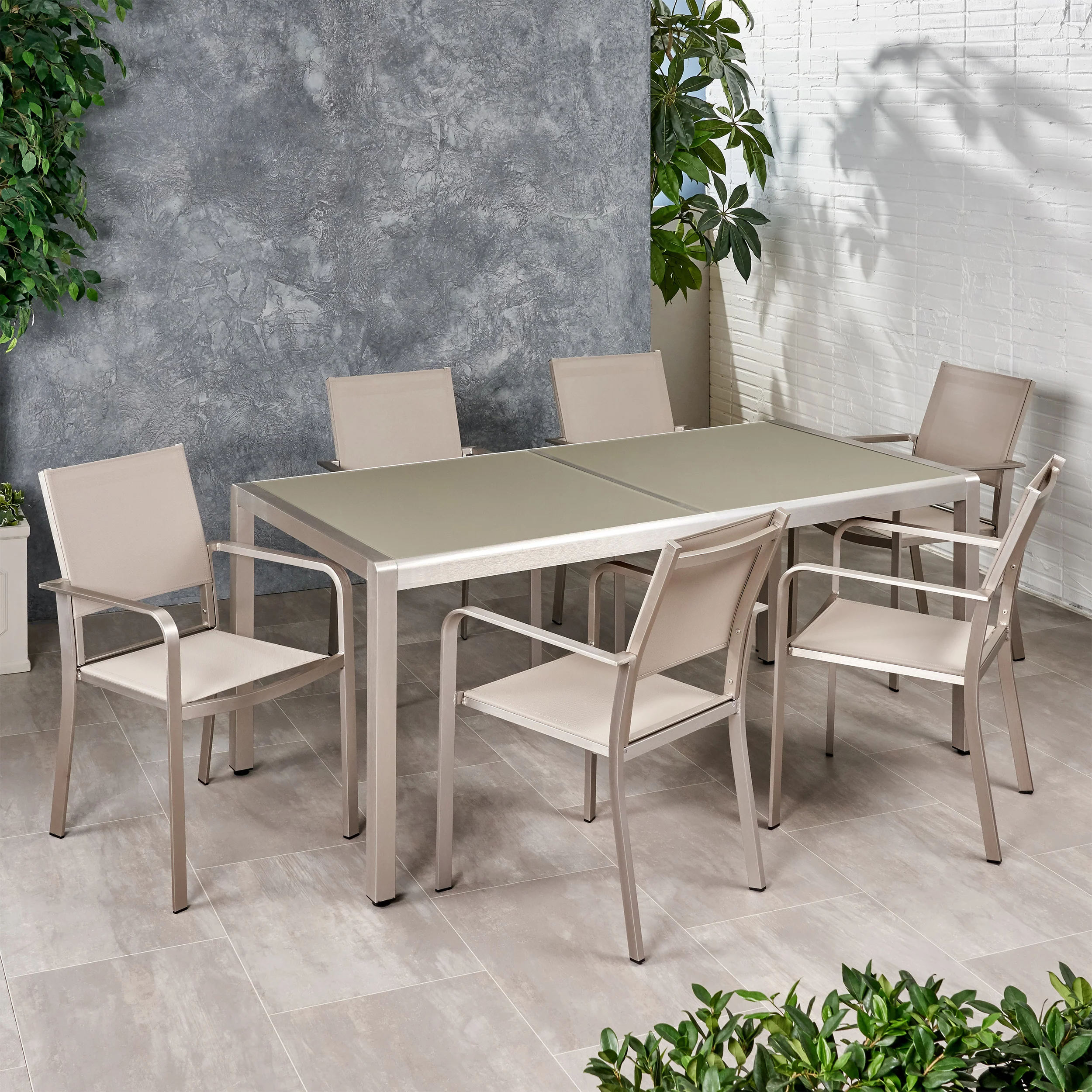 Glauk Outdoor 6 Seater Aluminum Dining Set with Tempered Glass Table Top - furnishings