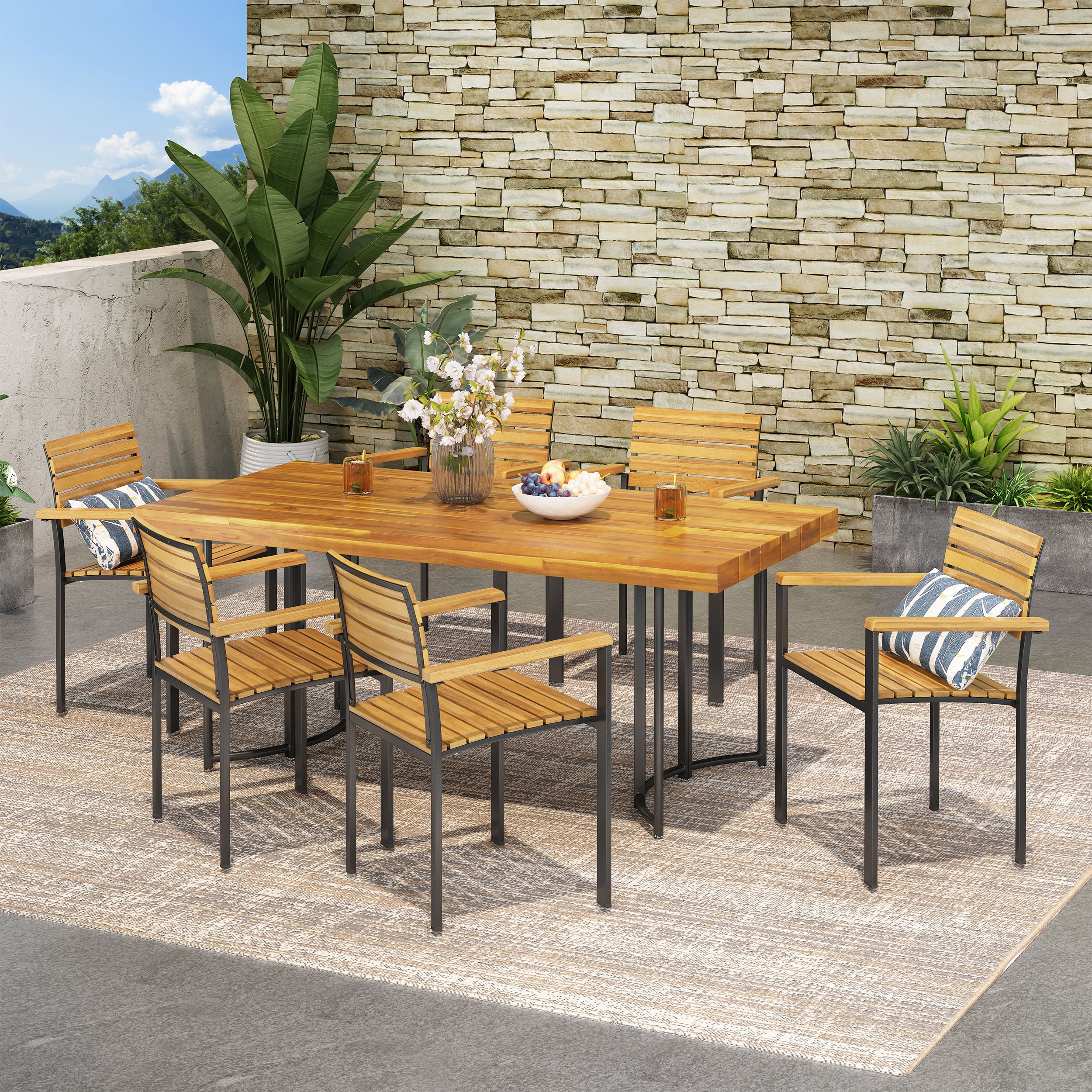 Zhyair Outdoor Modern Industrial 7 Piece Acacia Wood Dining Set - furnishings