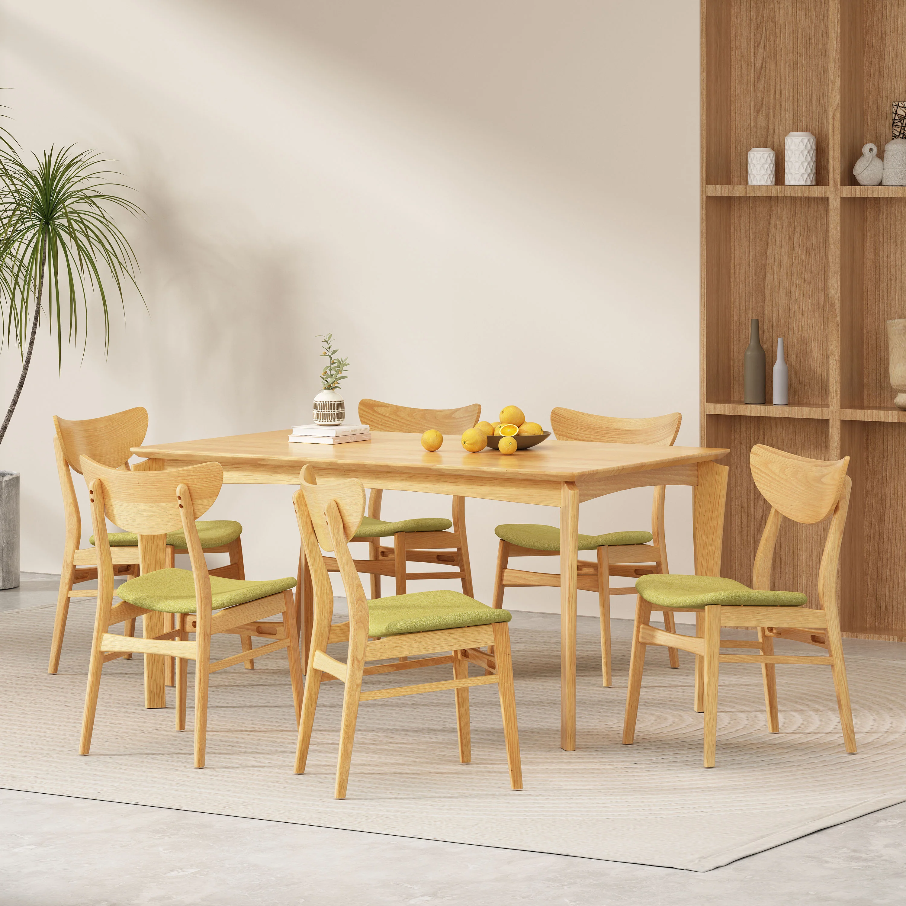 Geisler Wood and Fabric 7 Piece Dining Set, Natural Oak, Green Tea - furnishings