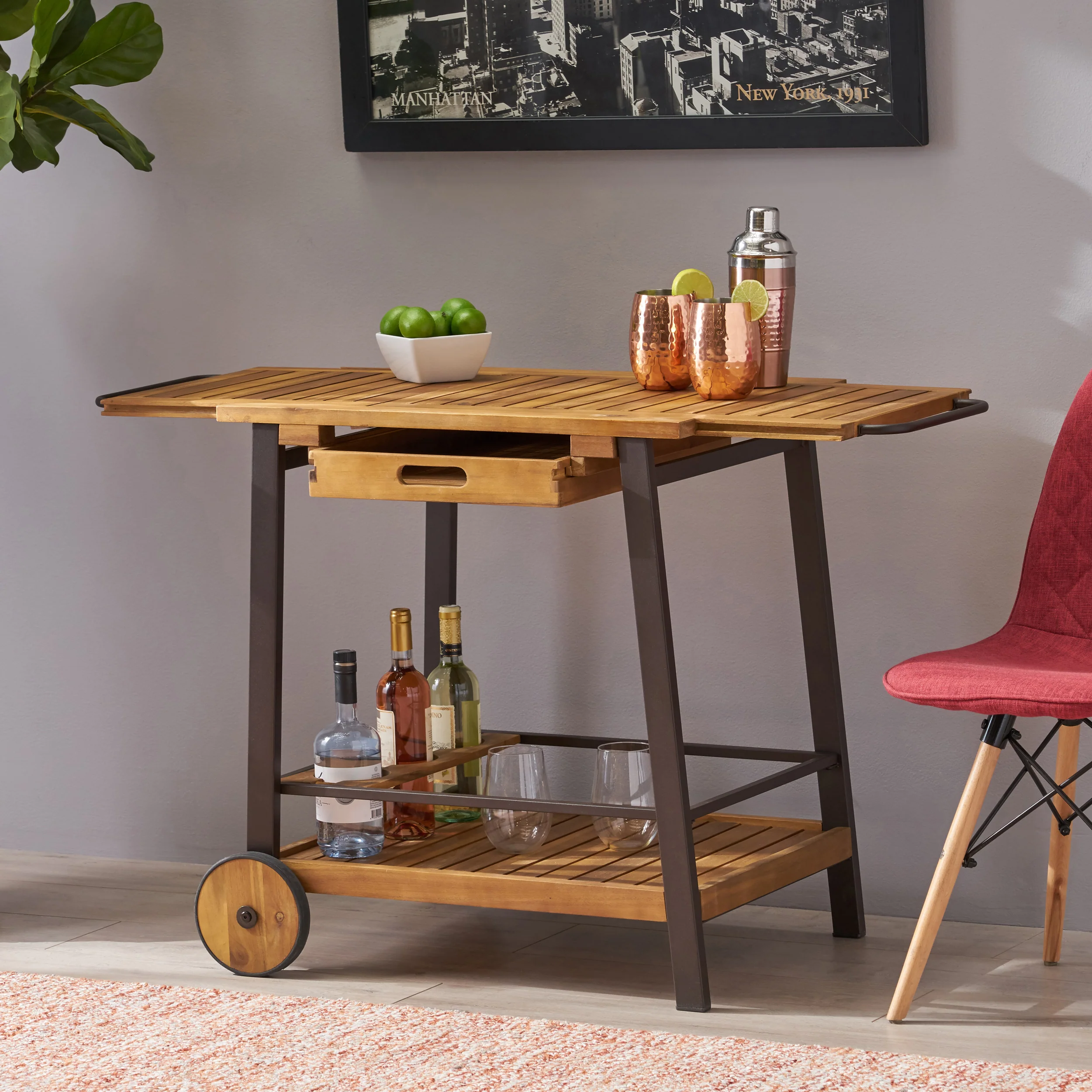 Michaela Indoor Acacia Wood Bar Cart with Reversible Drawers Adjustable Tray Top and Wine Bottle Holders - furnishings