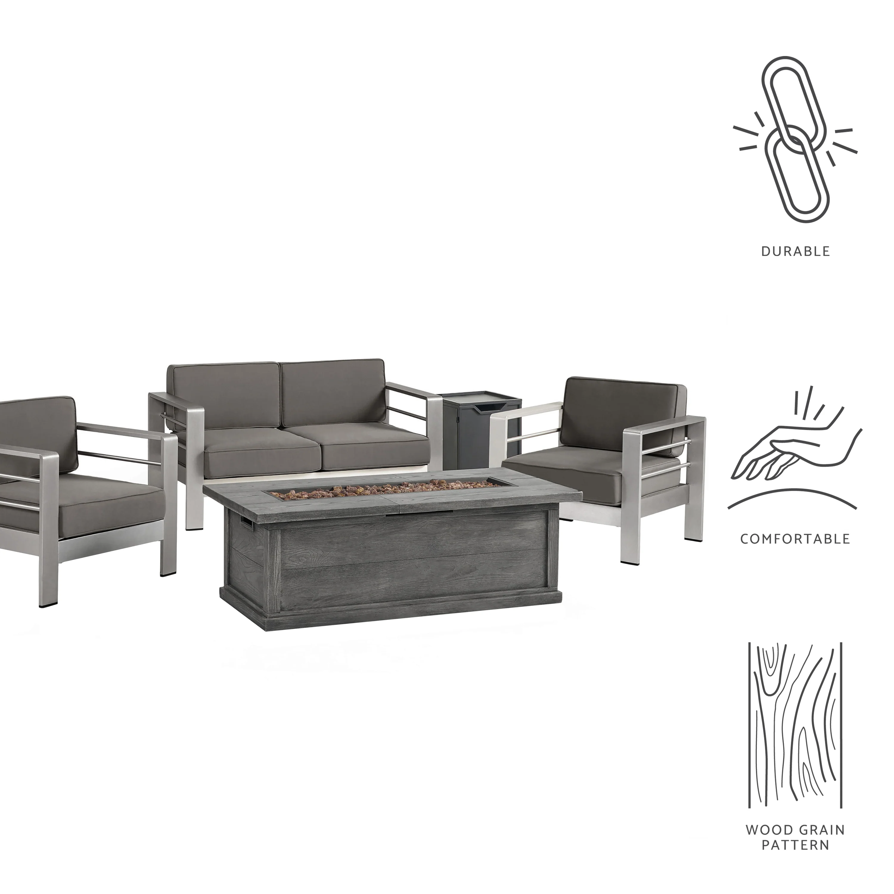 Crested Bay Outdoor Aluminum 3-piece Chat Set with 56-inch Rectangular Liquid Propane Fire Table - furnishings